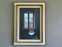 Mid Century Modern Vintage Surrealist Interior Oil Painting - Window with Ball