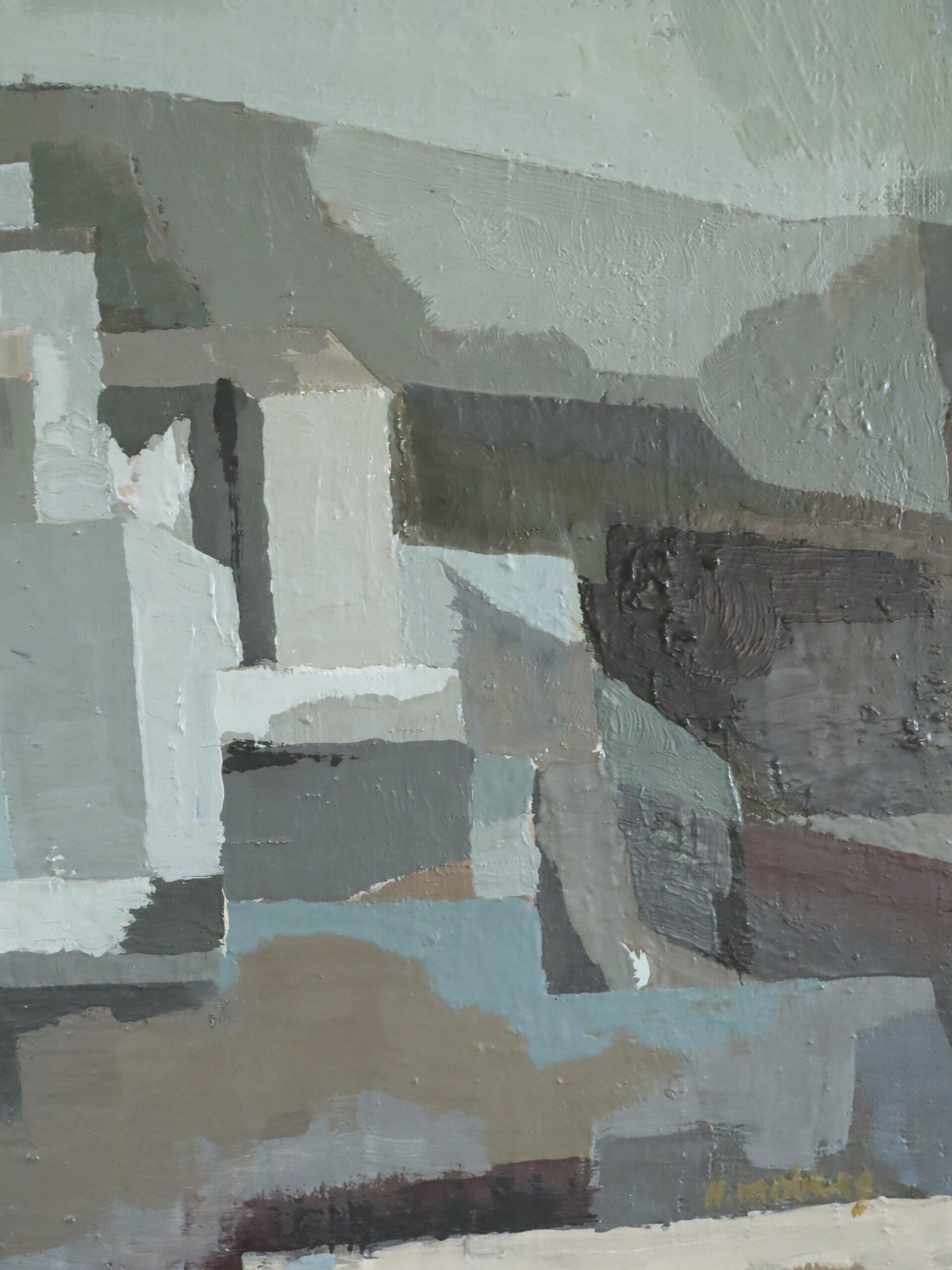 Mid Century Modern Vintage Swedish Abstract Cityscape Oil Painting -Urban Blocks For Sale 7