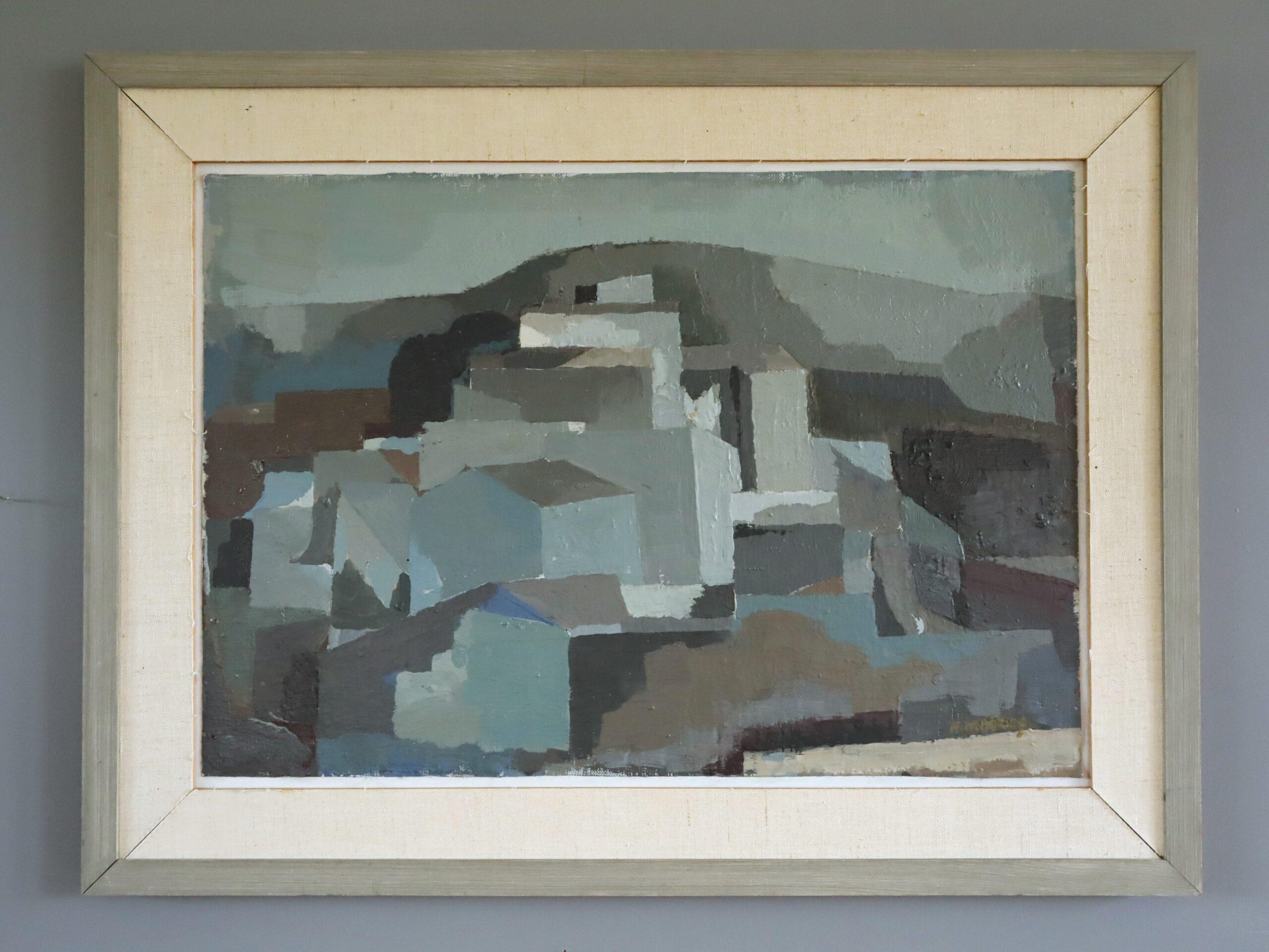 Mid Century Modern Vintage Swedish Abstract Cityscape Oil Painting -Urban Blocks - Gray Abstract Painting by Unknown