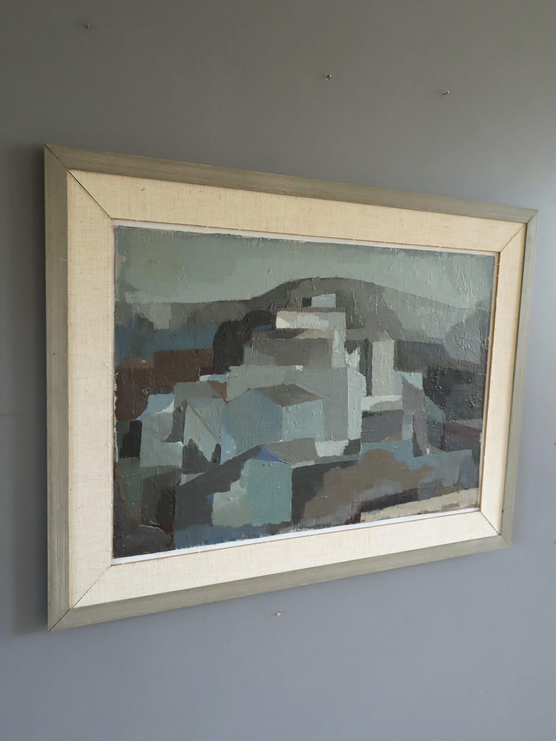 Mid Century Modern Vintage Swedish Abstract Cityscape Oil Painting -Urban Blocks For Sale 1