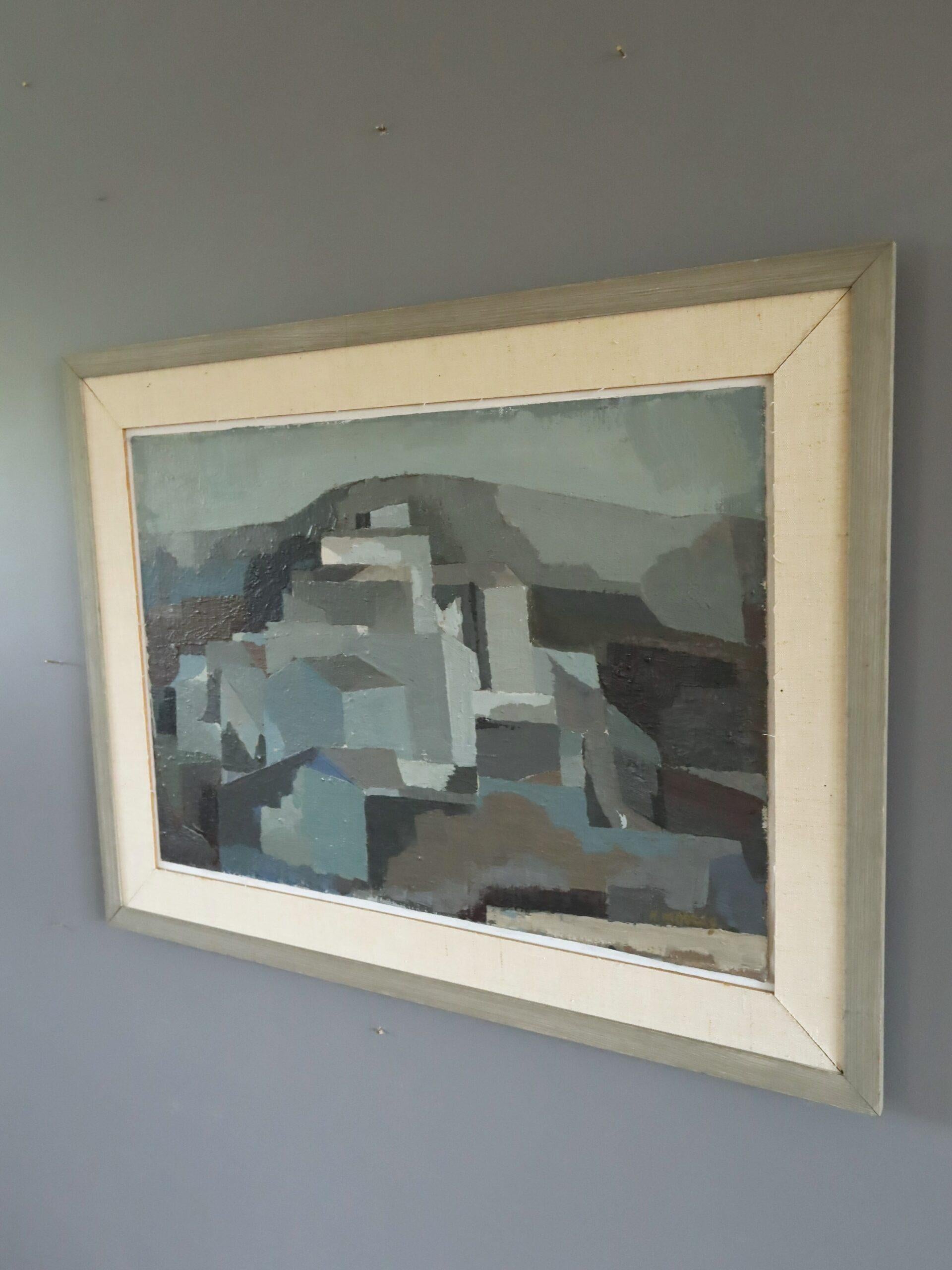Mid Century Modern Vintage Swedish Abstract Cityscape Oil Painting -Urban Blocks For Sale 2