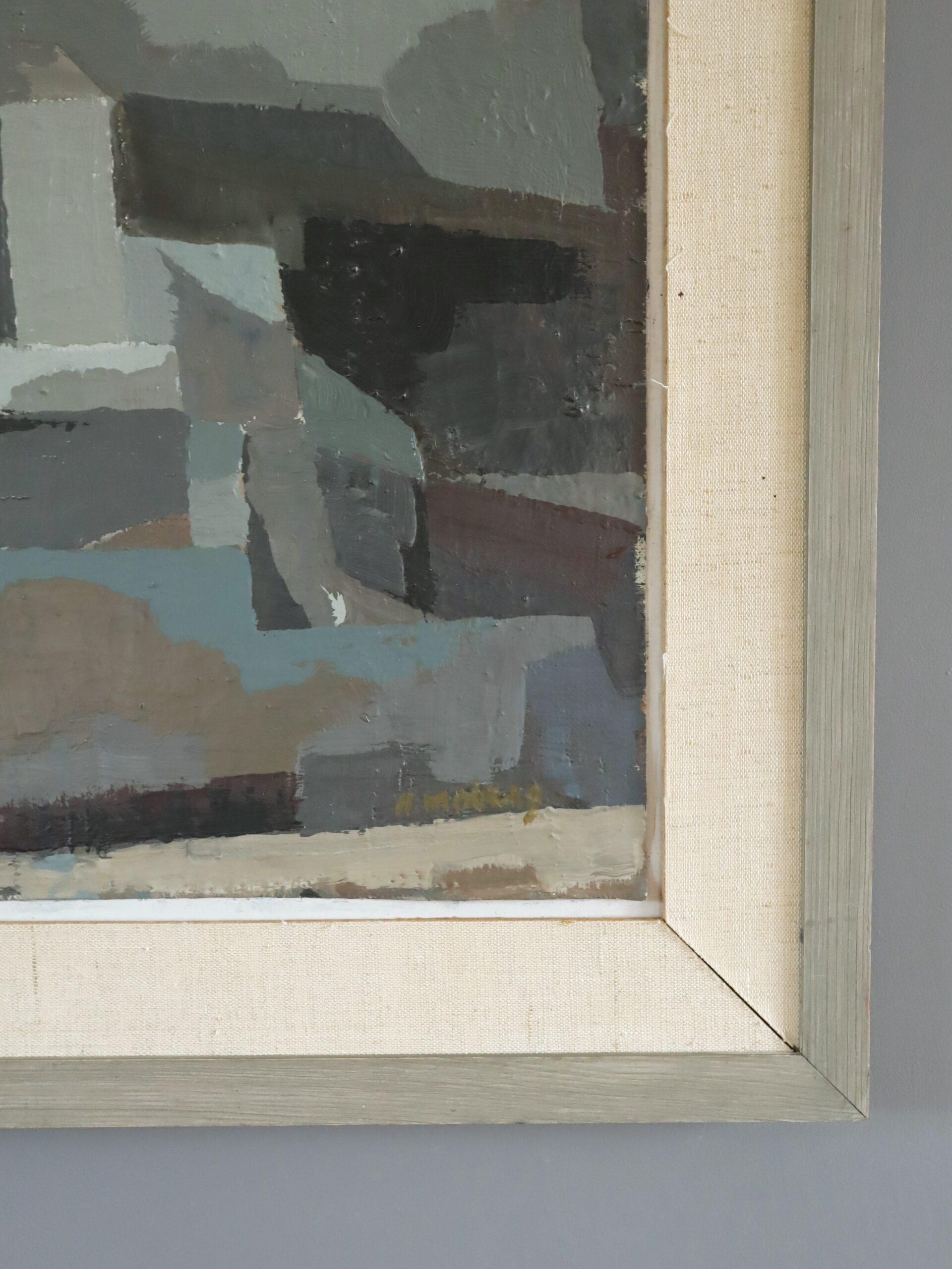 Mid Century Modern Vintage Swedish Abstract Cityscape Oil Painting -Urban Blocks For Sale 3