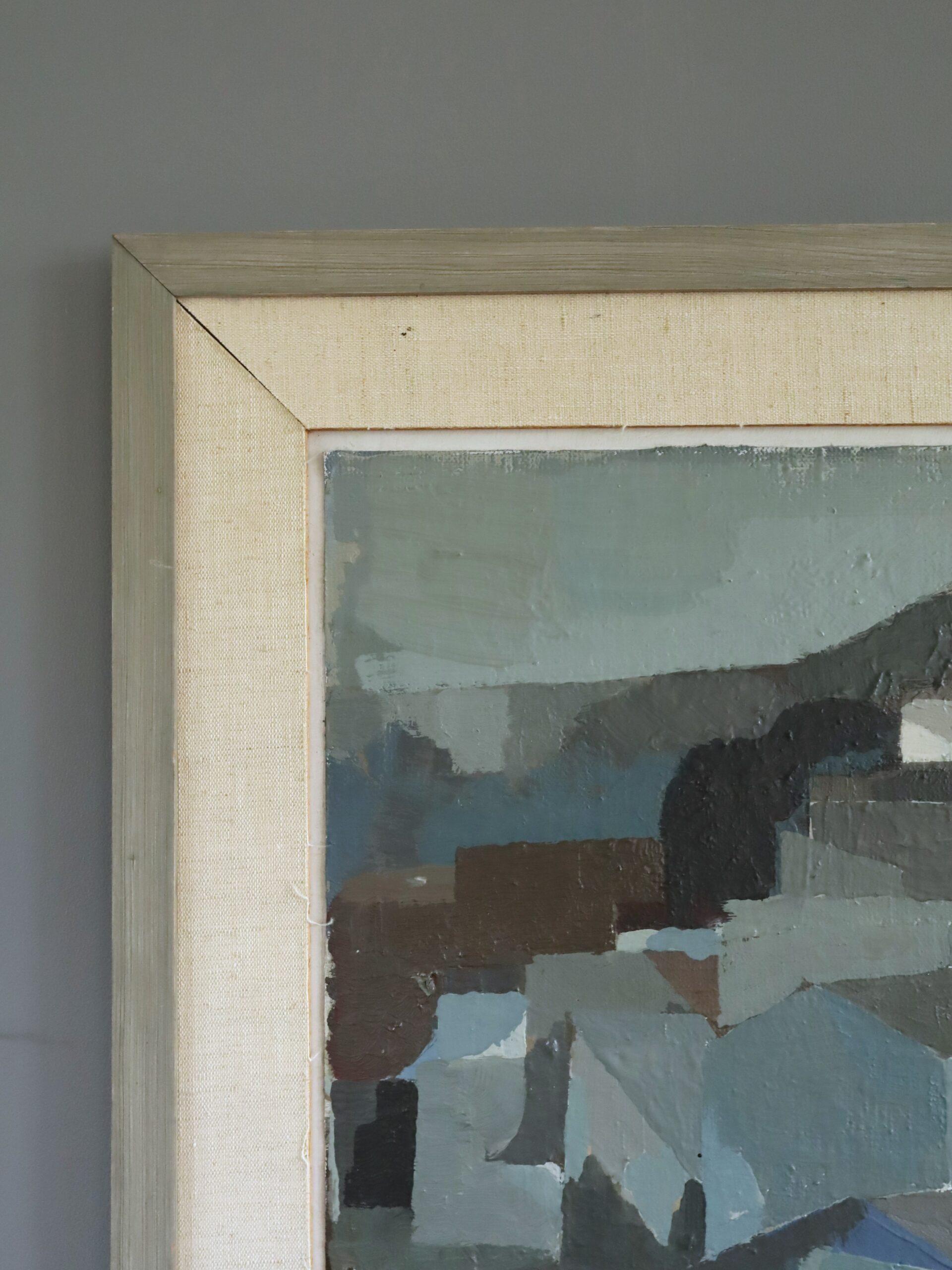 Mid Century Modern Vintage Swedish Abstract Cityscape Oil Painting -Urban Blocks For Sale 4
