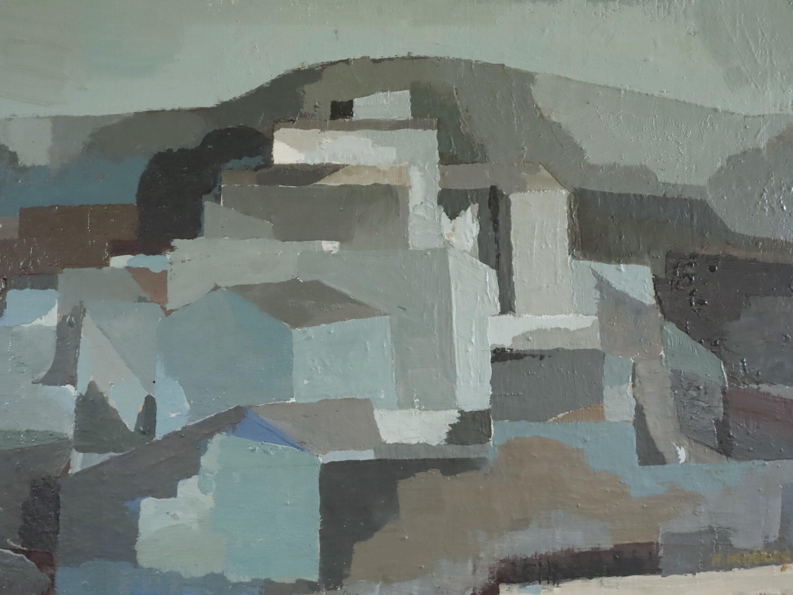 Mid Century Modern Vintage Swedish Abstract Cityscape Oil Painting -Urban Blocks For Sale 5
