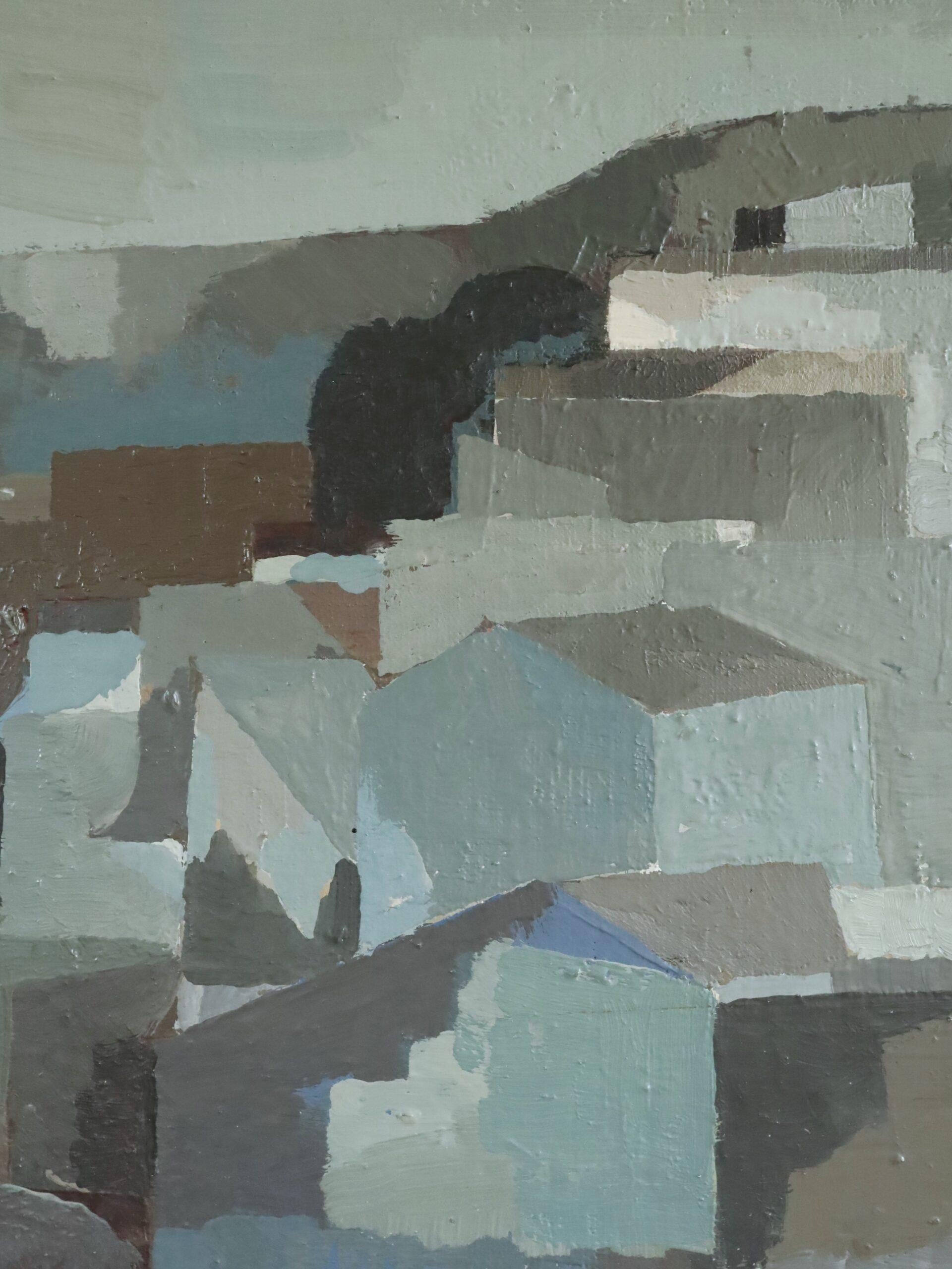 Mid Century Modern Vintage Swedish Abstract Cityscape Oil Painting -Urban Blocks For Sale 6