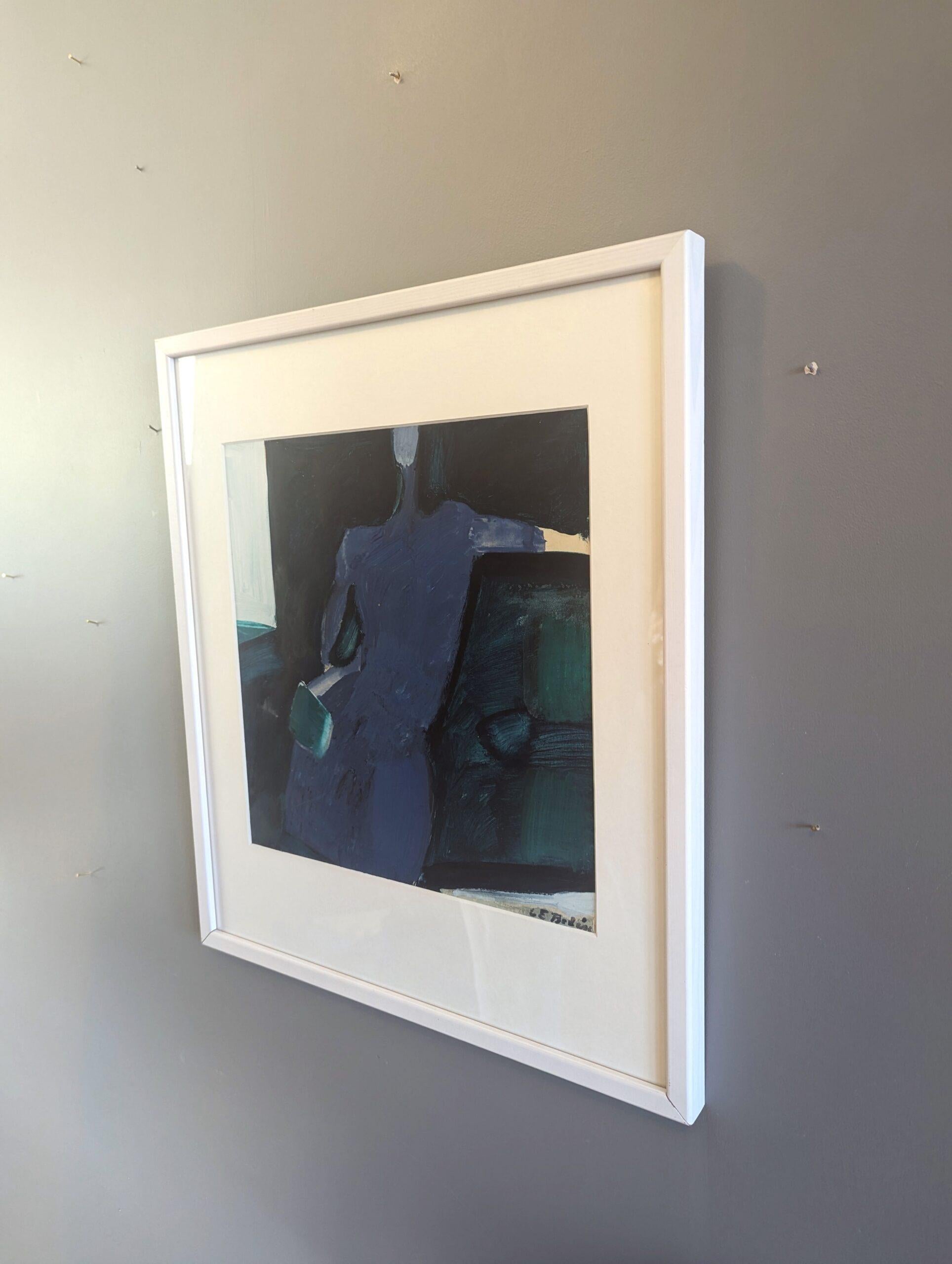 FIGURA IN BLU
Dimensioni: 48,5 x 42,5 cm (cornice inclusa)
Acrilico su cartoncino

Un sorprendente dipinto figurativo astratto modernista della metà del secolo che presenta una figura seduta resa in profonde ed espressive tonalità di blu e verde,