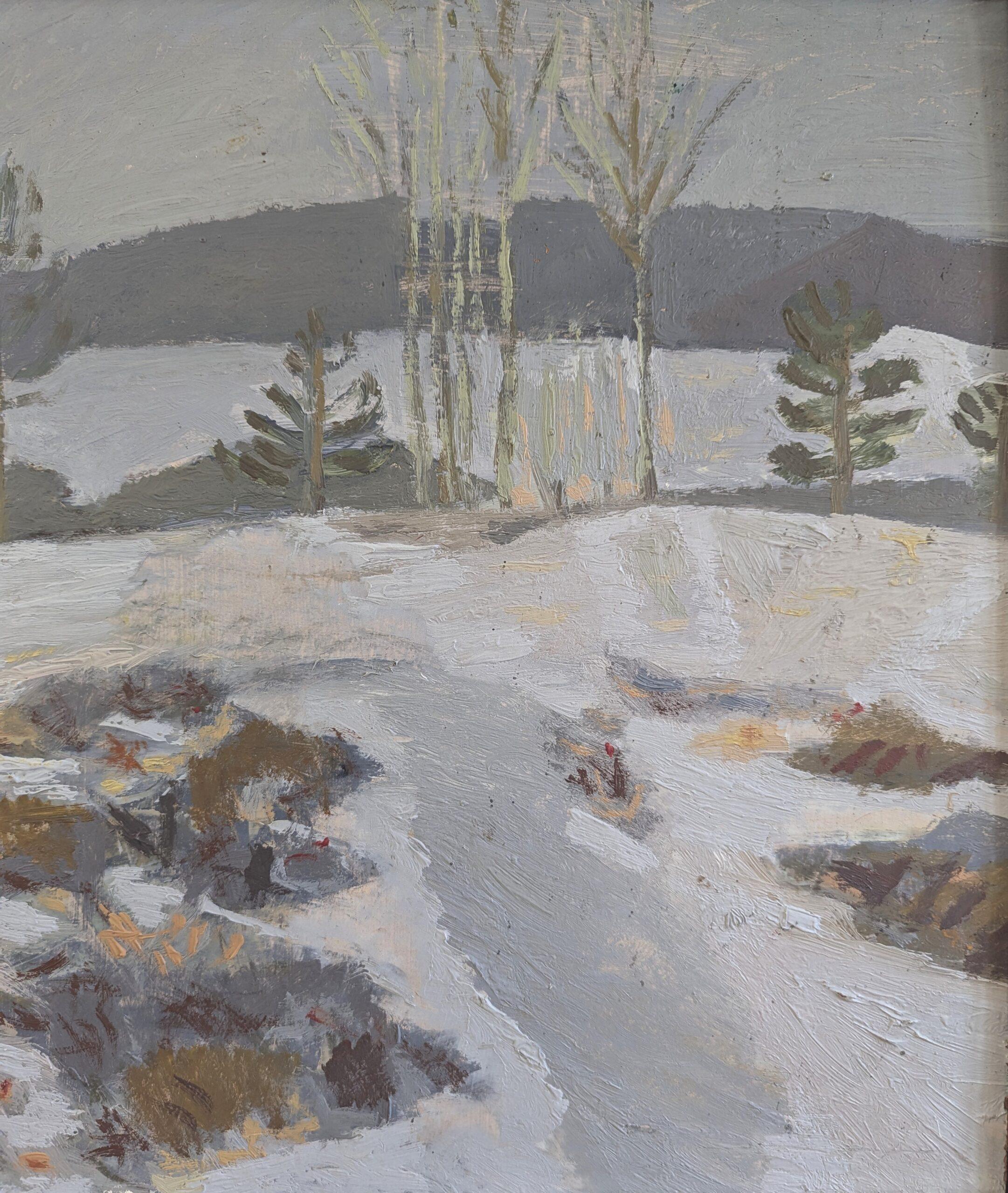 Mid Century Modern Vintage Swedish Abstract Landscape Oil Painting -Quiet Season For Sale 7