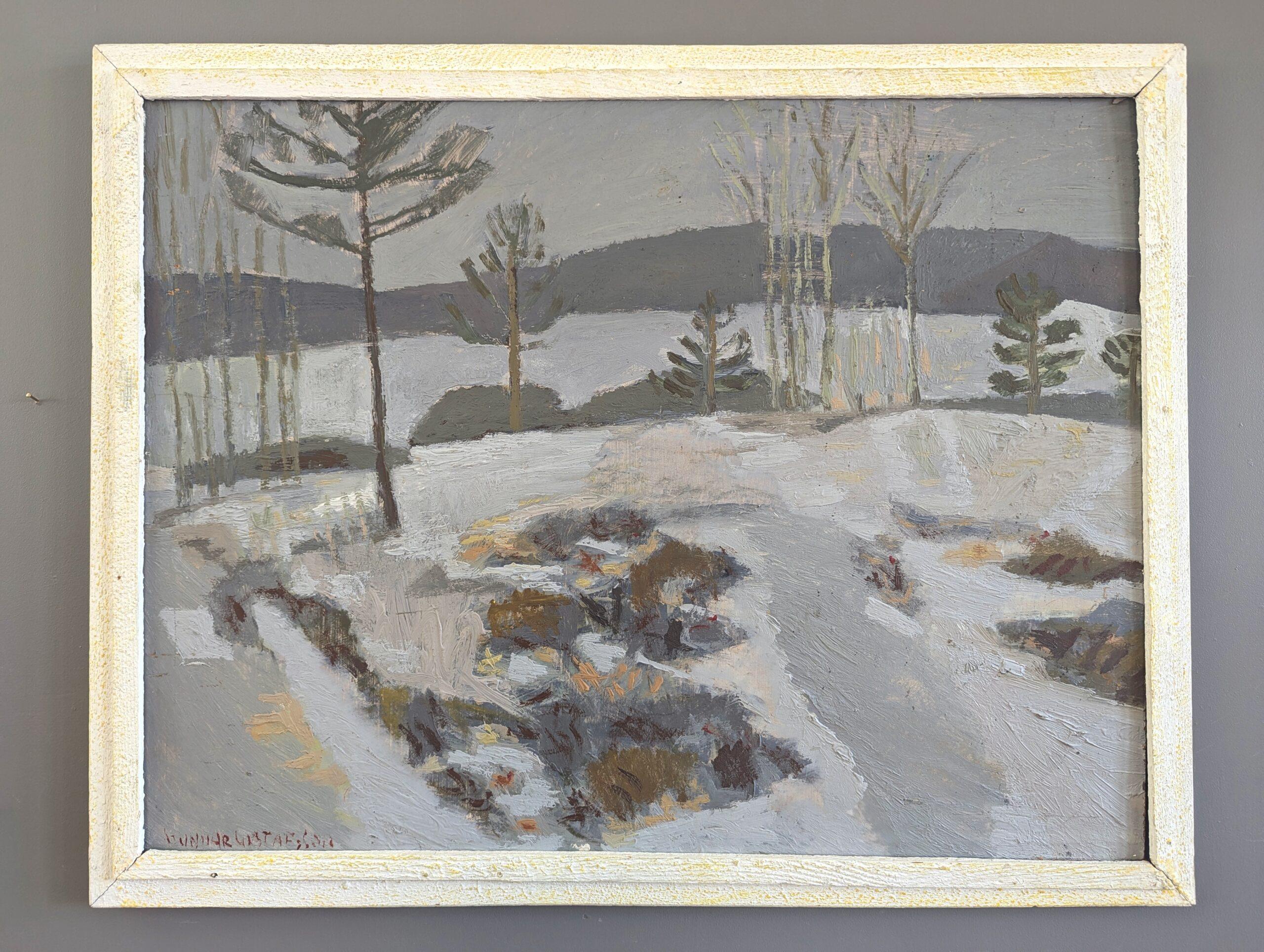 Mid Century Modern Vintage Swedish Abstract Landscape Oil Painting -Quiet Season - Gray Landscape Painting by Unknown