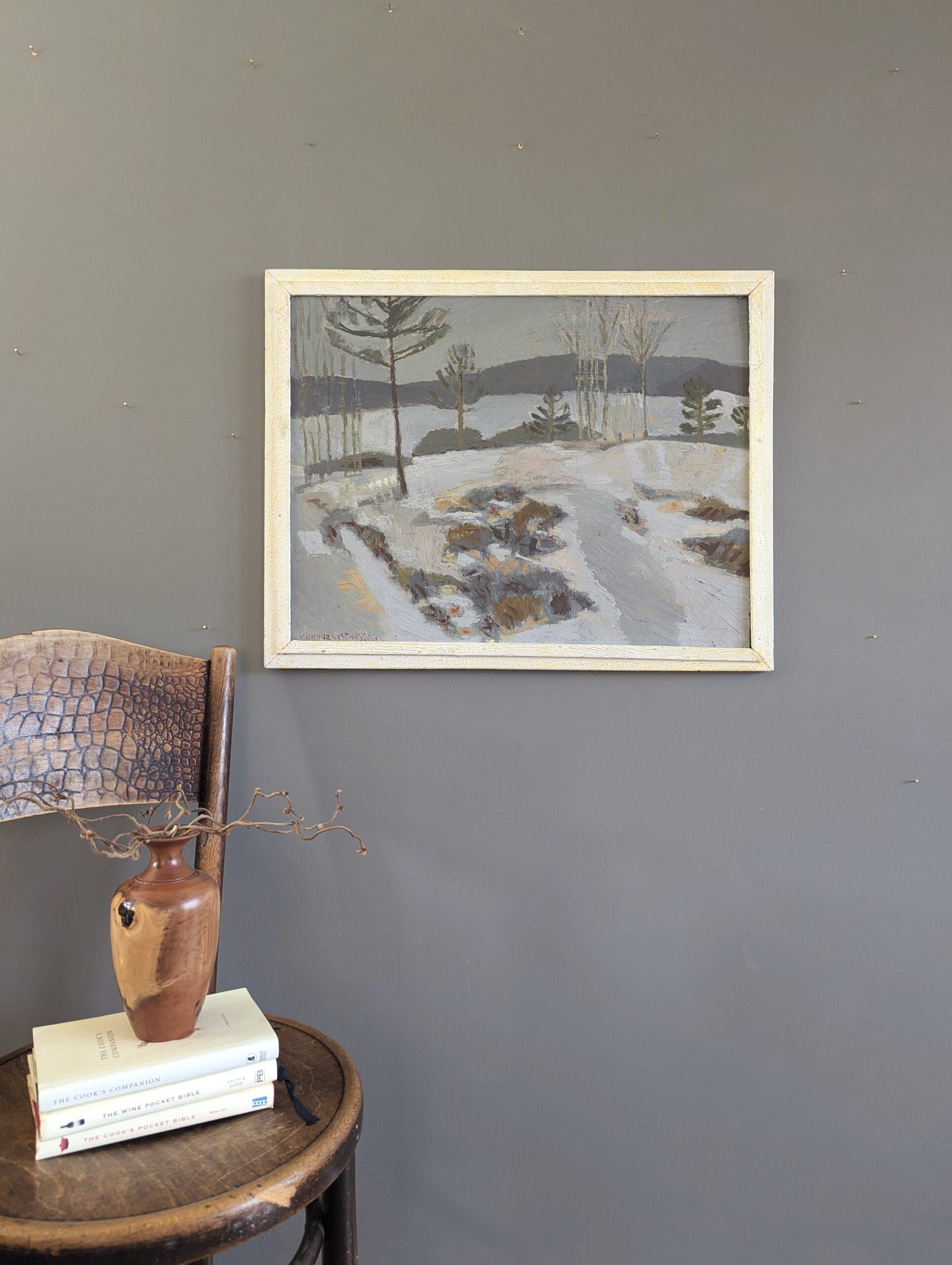 QUIET SEASON
Size: 50 x 63.5 cm (including frame)
Oil on board

This serene and atmospheric mid-century landscape painting that captures the quiet stillness of a snow-covered shoreline, executed in oil onto board.

A gentle path winds through the