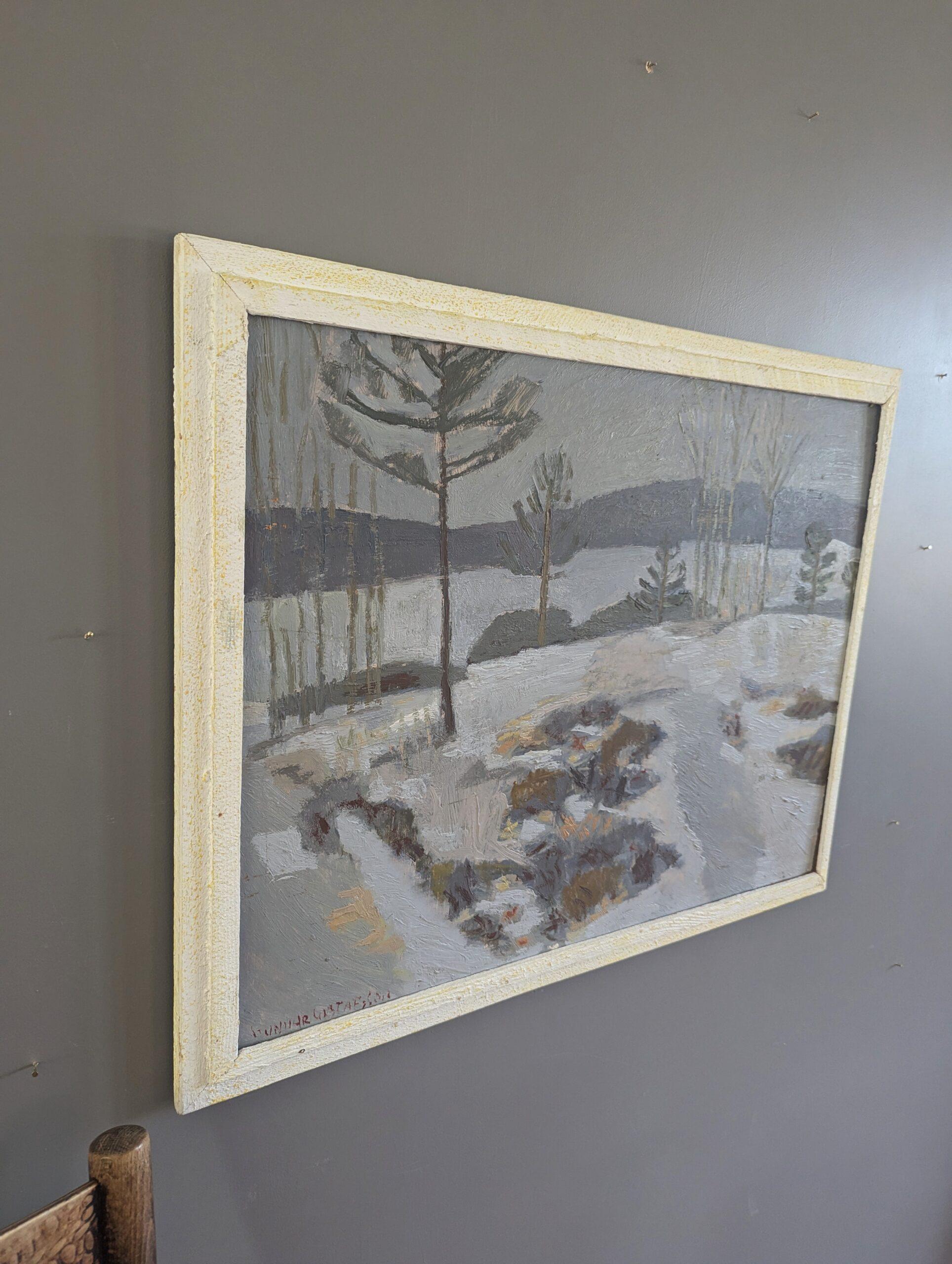 Mid Century Modern Vintage Swedish Abstract Landscape Oil Painting -Quiet Season For Sale 1