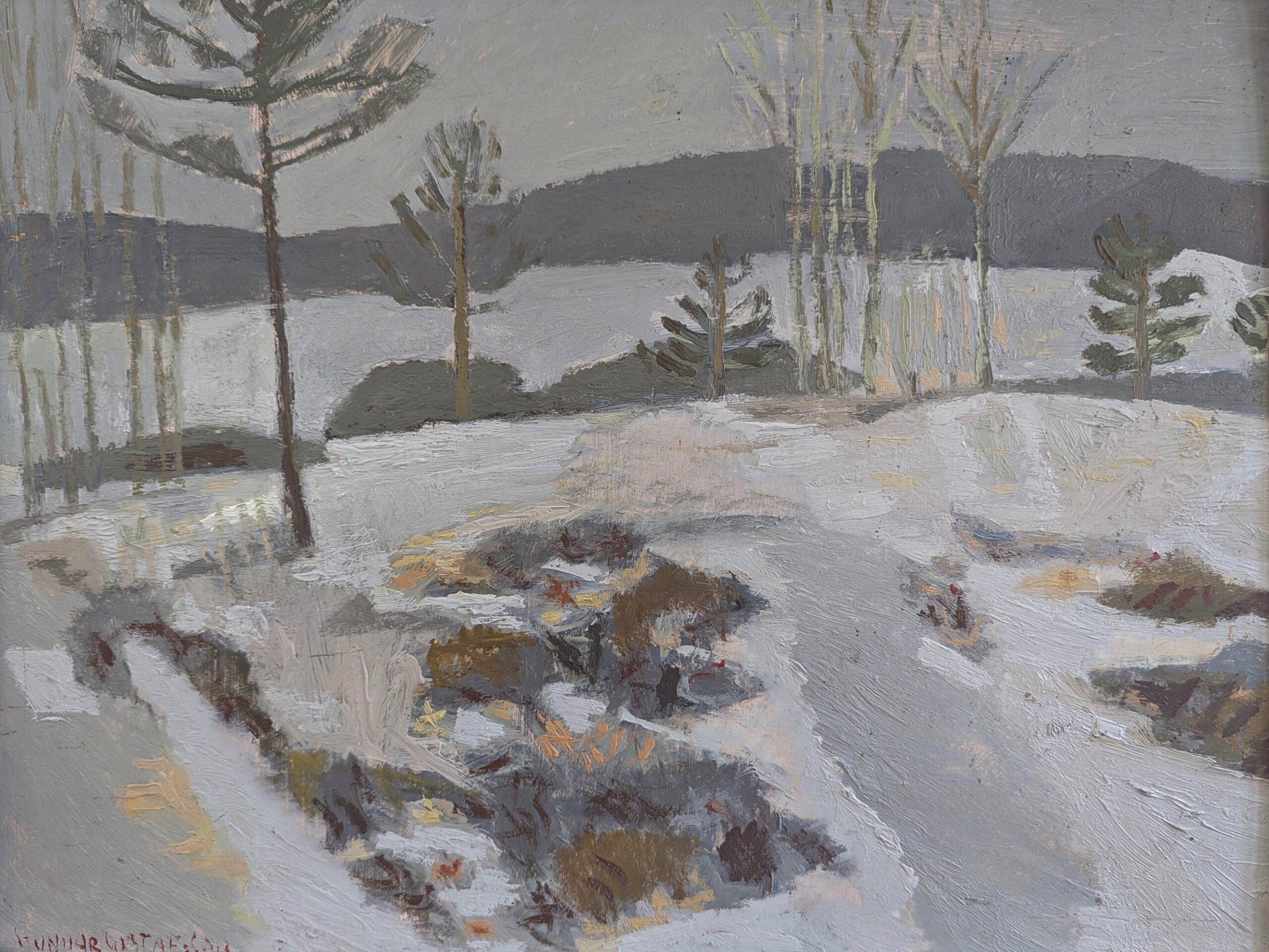Mid Century Modern Vintage Swedish Abstract Landscape Oil Painting -Quiet Season For Sale 5