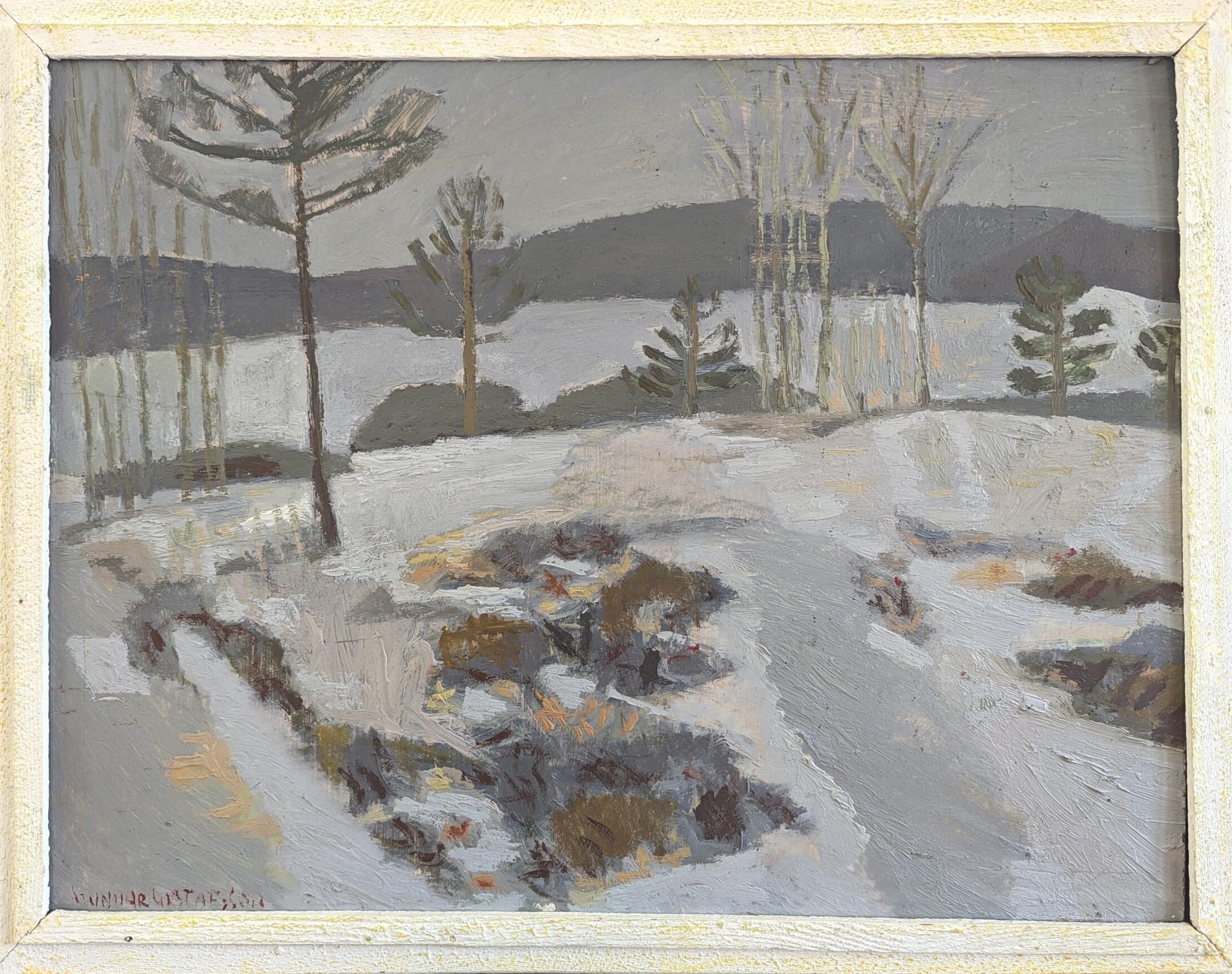 Unknown Landscape Painting - Mid Century Modern Vintage Swedish Abstract Landscape Oil Painting -Quiet Season