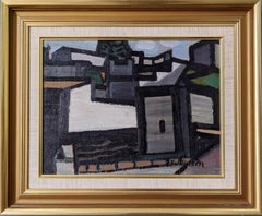 Mid-Century Modern Vintage Swedish Abstract Oil Painting - Geometric Town