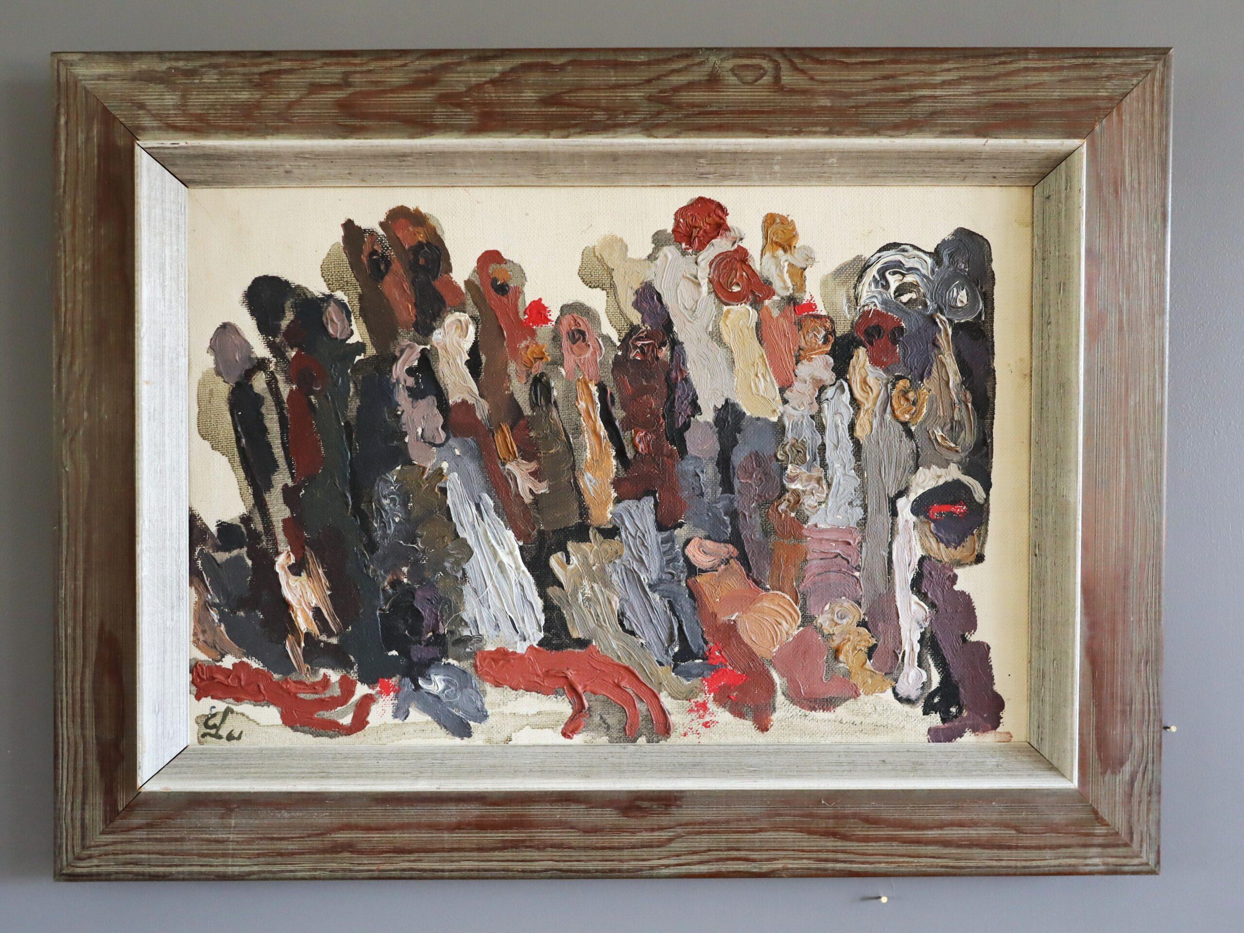 Mid Century Modern Vintage Swedish Abstract Oil Painting -Procession of Shadows - Brown Abstract Painting by Unknown