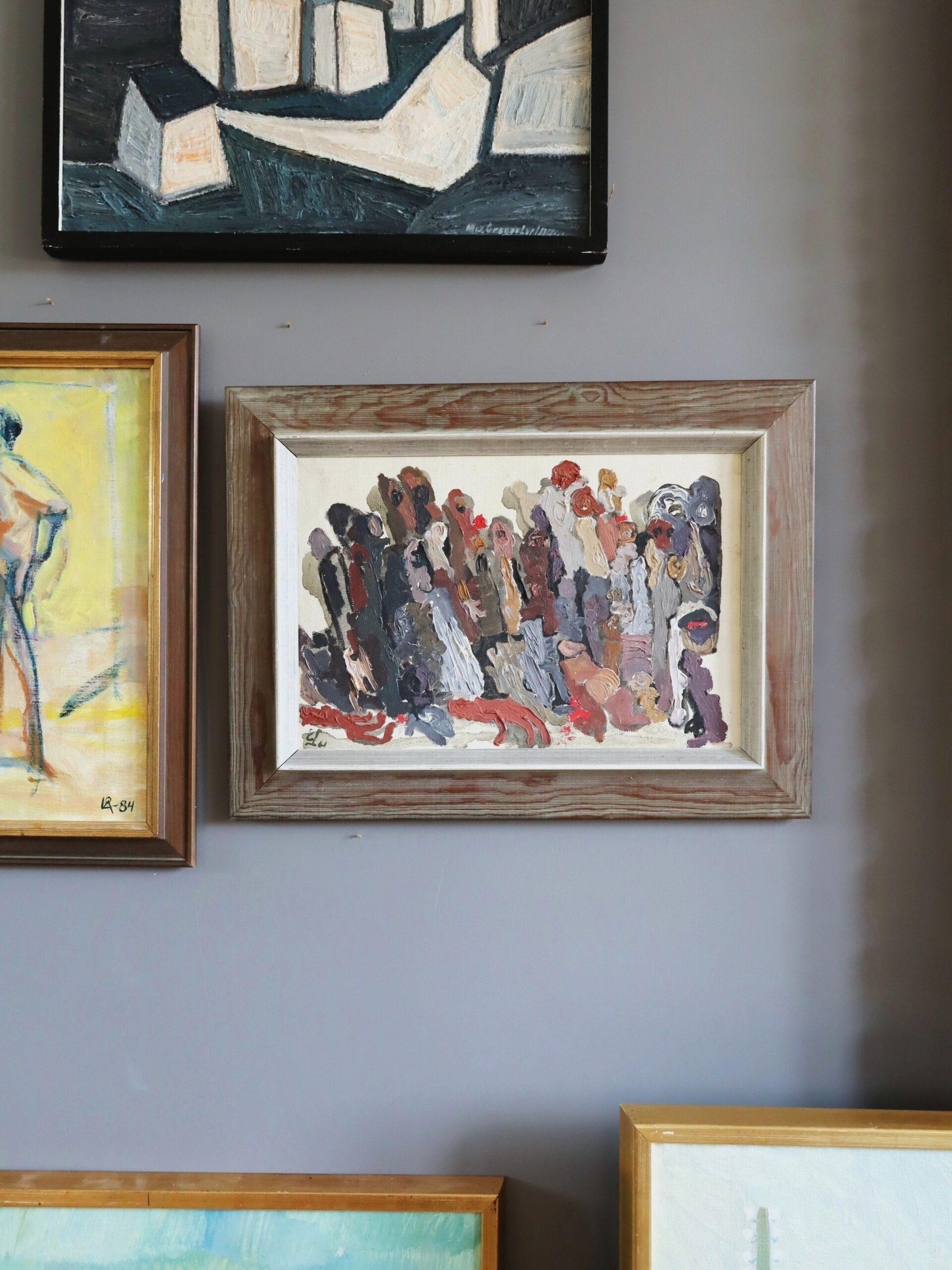 PROCESSION OF SHADOWS
Size: 39.5 x 53 cm (including frame)
Oil on canvas

A striking and richly textured mid-century abstract composition, executed in oil onto canvas.
Although abstract in nature, the painting captures a densely clustered mass of