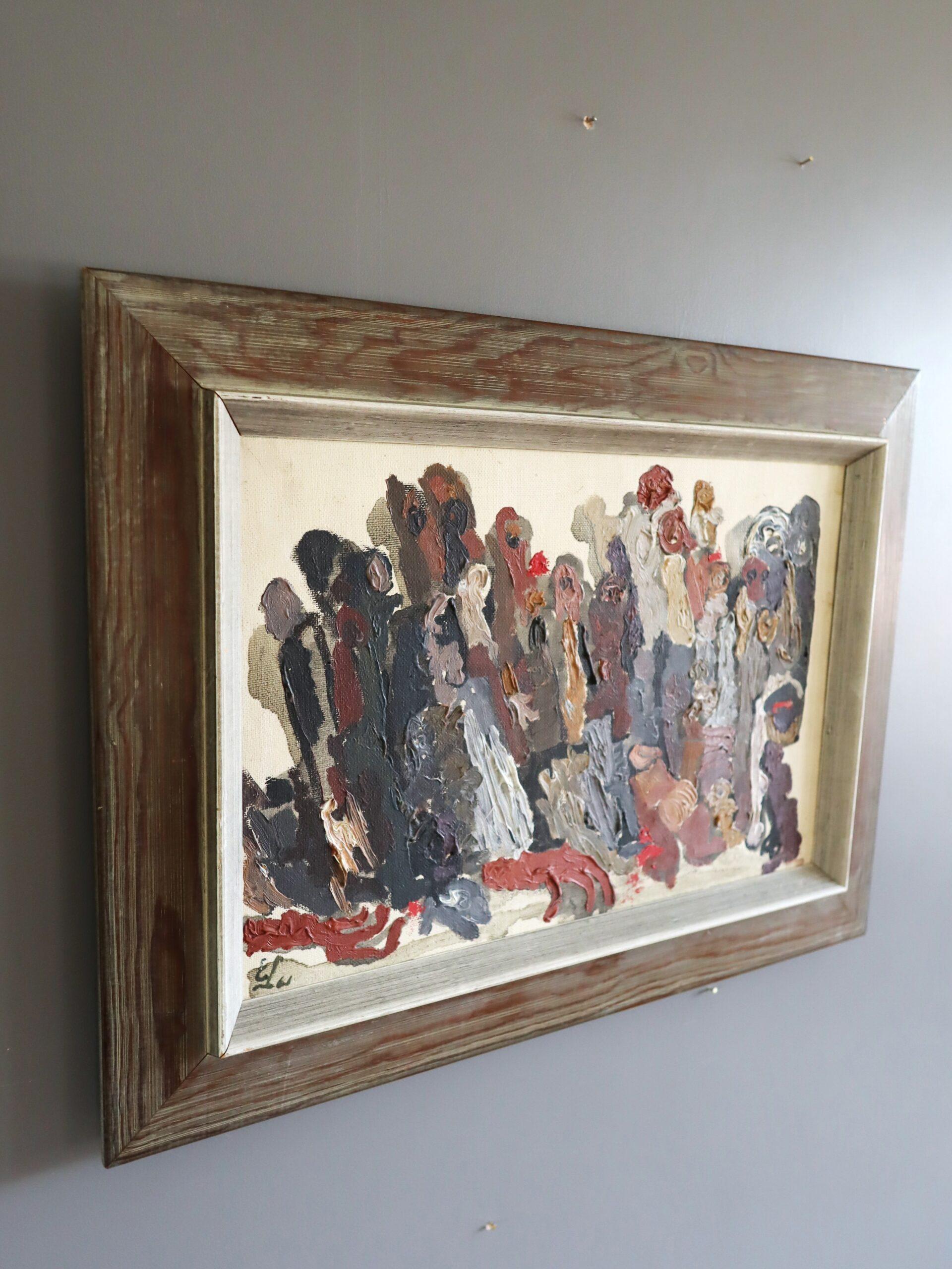 Mid Century Modern Vintage Swedish Abstract Oil Painting -Procession of Shadows For Sale 1