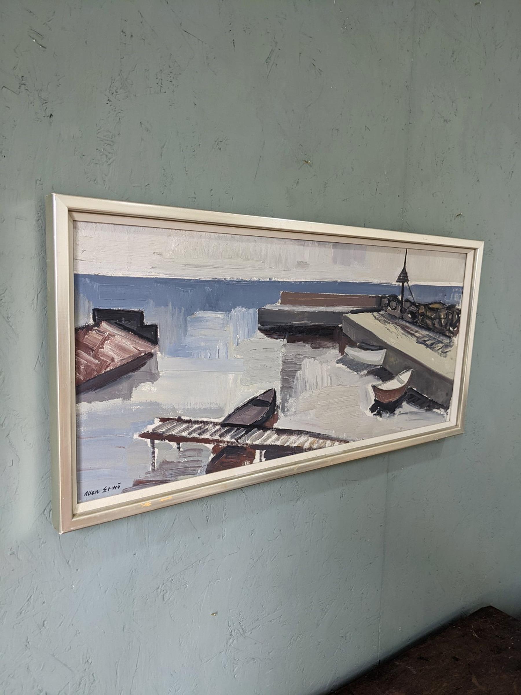 Mid-Century Modern Vintage Swedish Coastal Oil Painting - Boats at the Jetty For Sale 7
