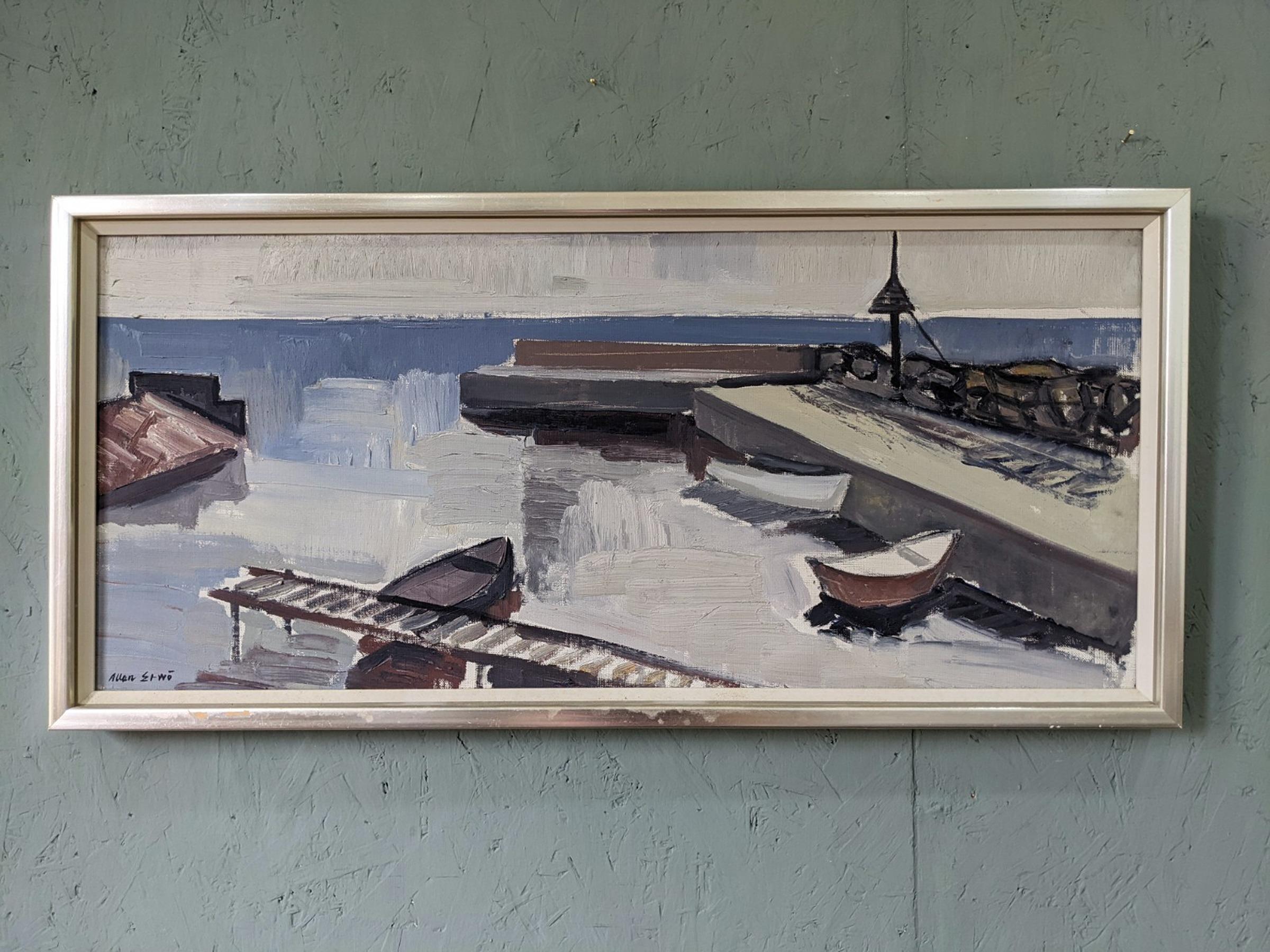 Modernes schwedisches Küsten-Ölgemälde aus der Jahrhundertmitte - Boote am Steg – Painting von Unknown