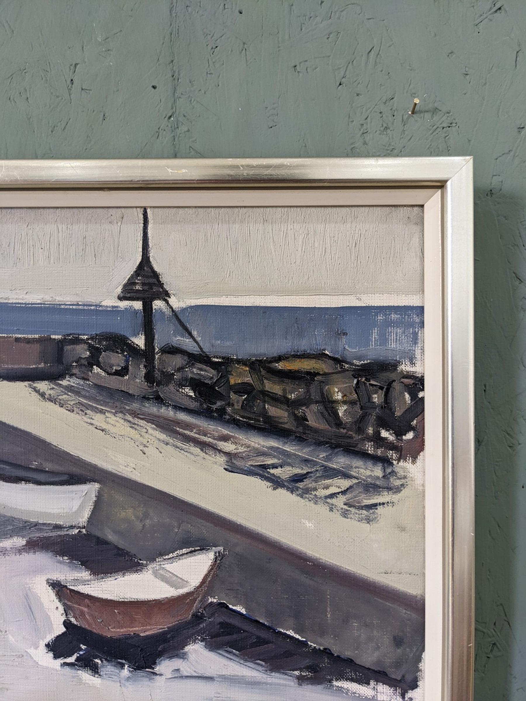 BOATS AT THE JETTY
Size: 34 x 70 cm (including frame)
Oil on Canvas

A restful and very confidently executed mid-century coastal landscape composition, executed in oil onto canvas.

The painting presents a picturesque scene, capturing the tranquil