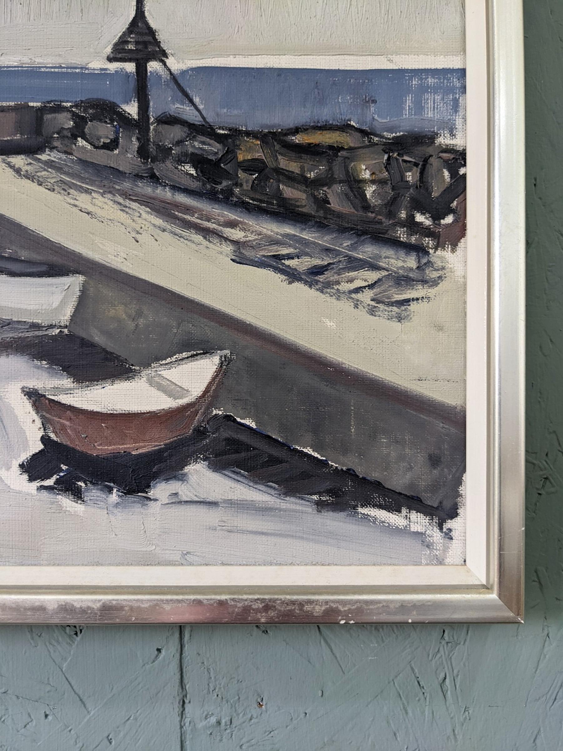 Mid-Century Modern Vintage Swedish Coastal Oil Painting - Boats at the Jetty For Sale 1