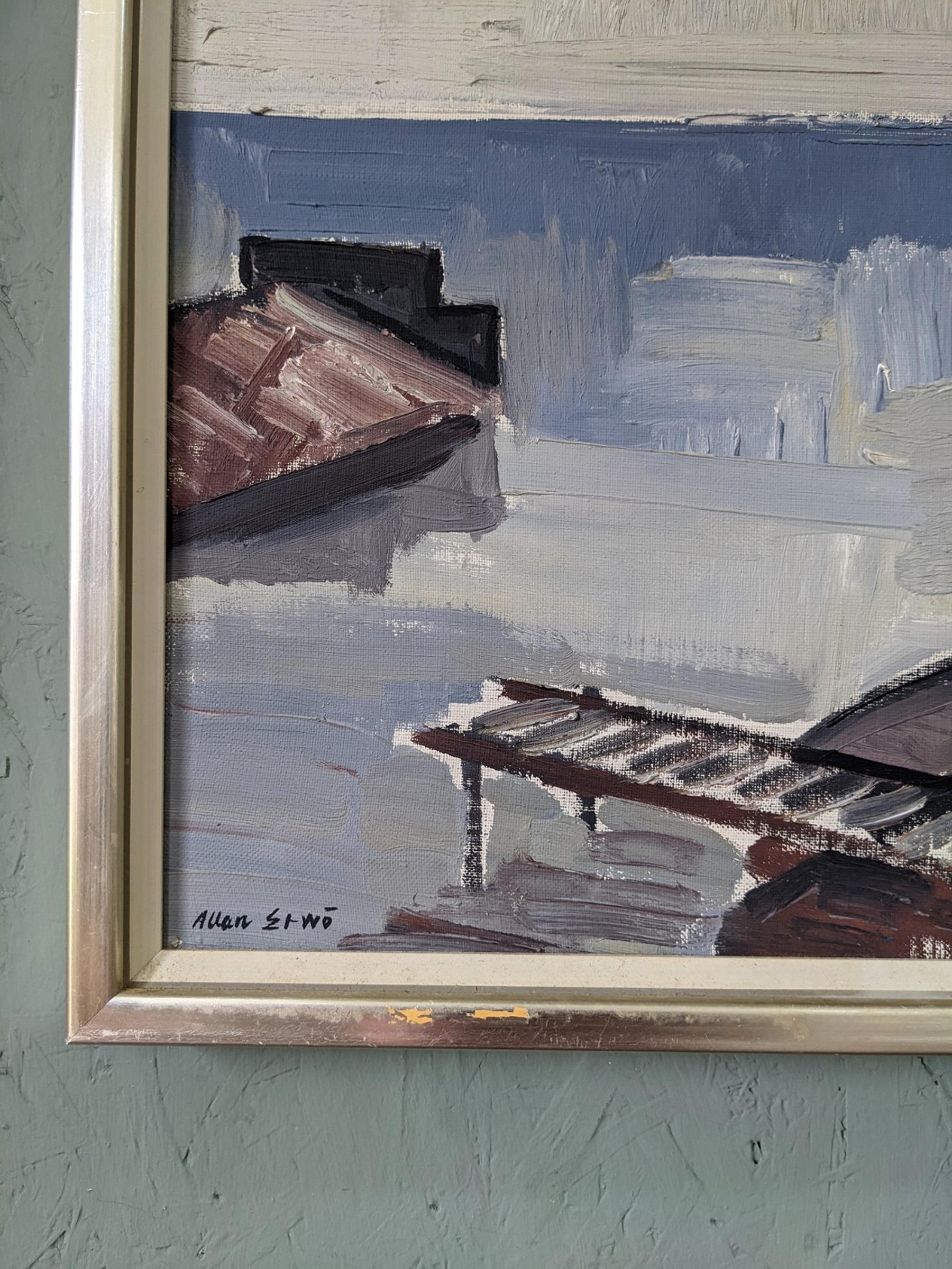 Mid-Century Modern Vintage Swedish Coastal Oil Painting - Boats at the Jetty For Sale 2