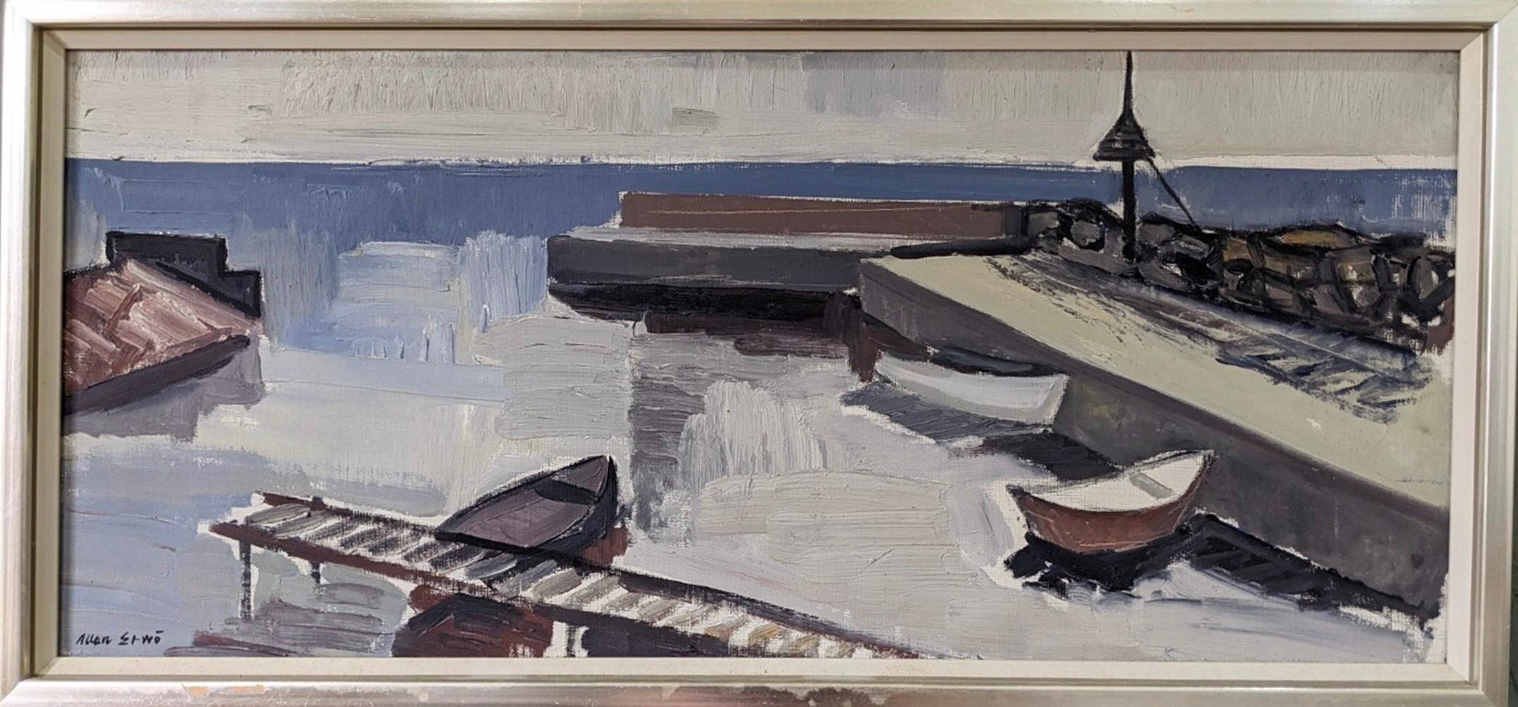 Mid-Century Modern Vintage Swedish Coastal Oil Painting - Boats at the Jetty