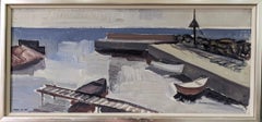 Mid-Century Modern Vintage Swedish Coastal Oil Painting - Boats at the Jetty