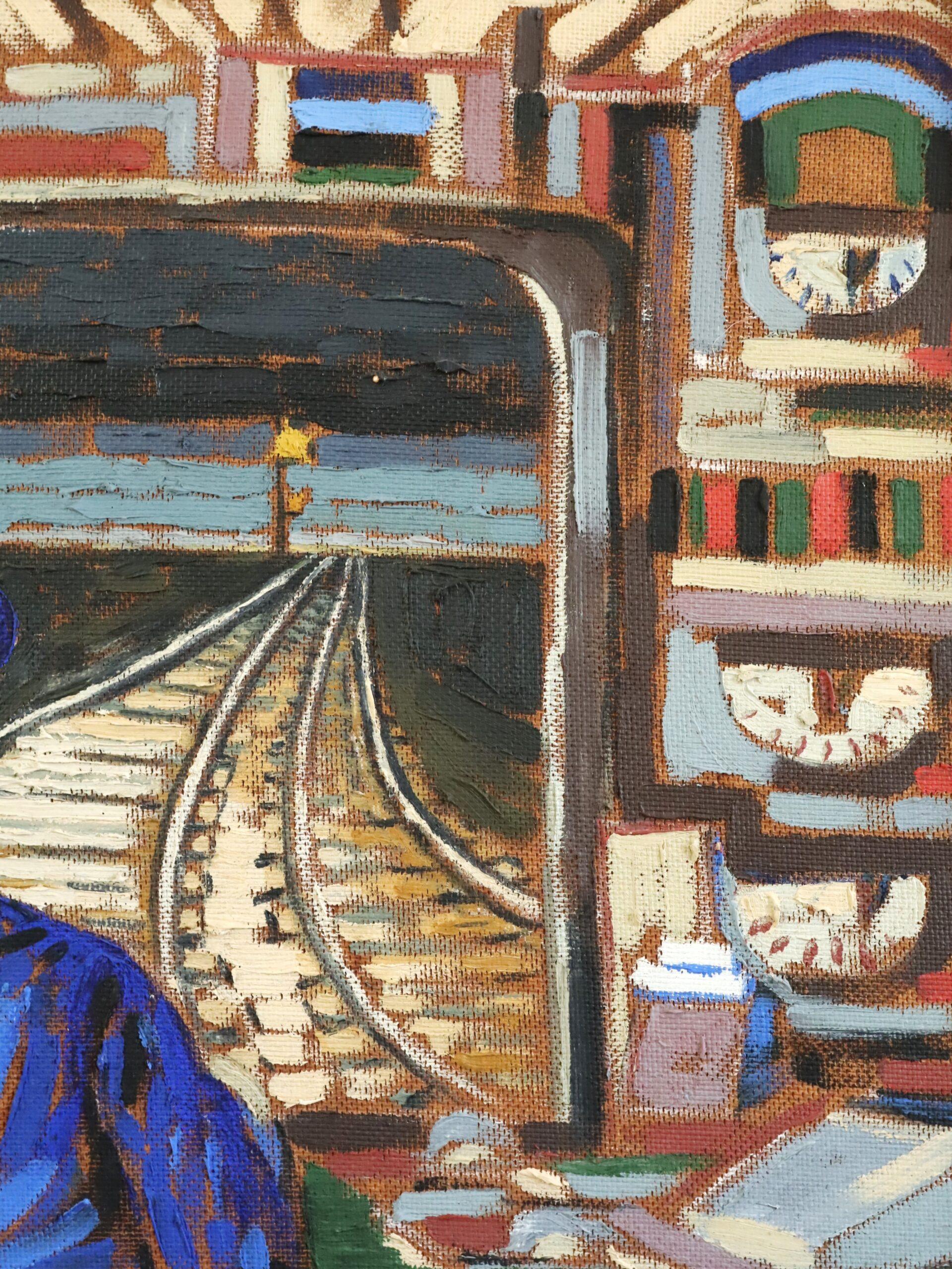 Mid Century Modern Vintage Schwedisch Ausdrucksstarkes Ölgemälde - Durch den Tunnel im Angebot 6