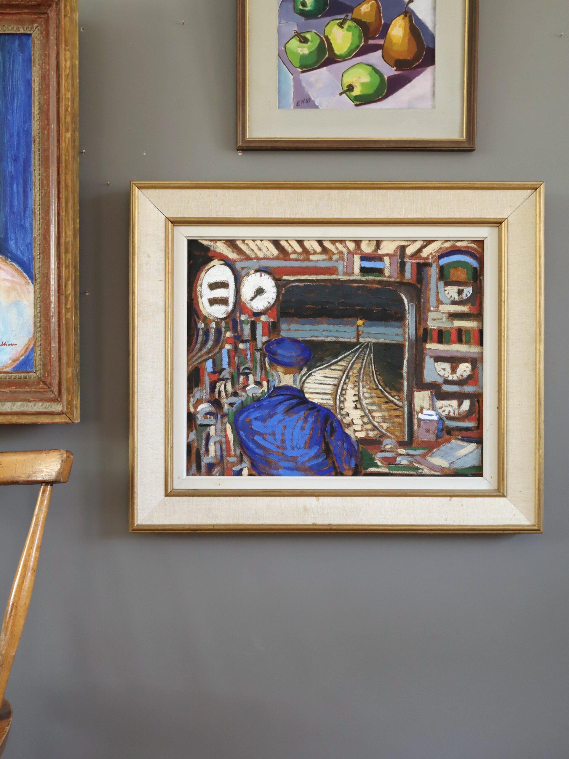 Mid Century Modern Vintage Schwedisch Ausdrucksstarkes Ölgemälde - Durch den Tunnel (Beige), Figurative Painting, von Unknown