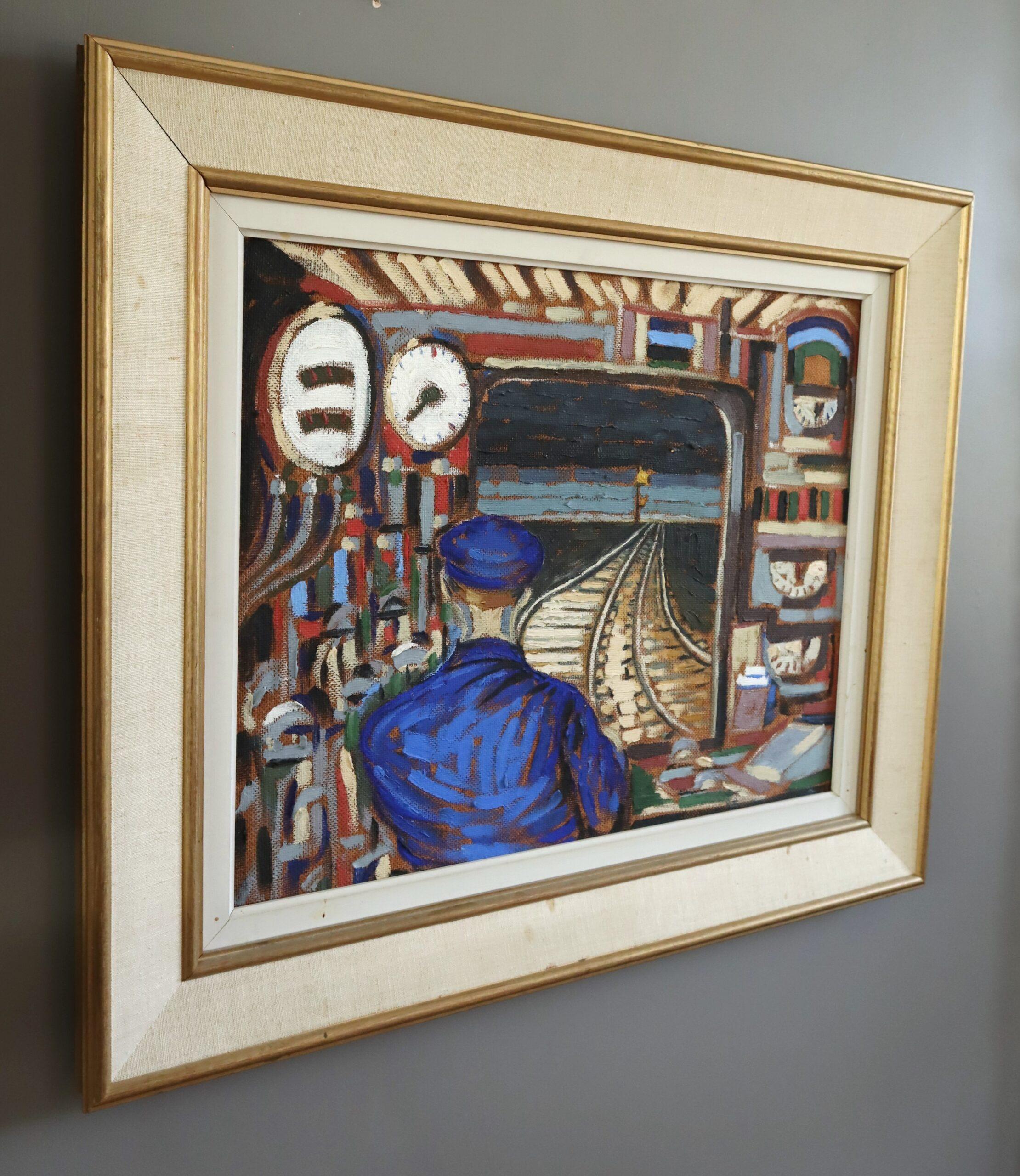 DURCH DEN TUNNEL
Größe: 57 x 67 cm (einschließlich Rahmen)
Öl auf Karton

Ein lebendiges und fesselndes modernistisches Gemälde aus der Mitte des Jahrhunderts, das den Betrachter in die Perspektive eines Zugführers bei der Arbeit eintauchen lässt,