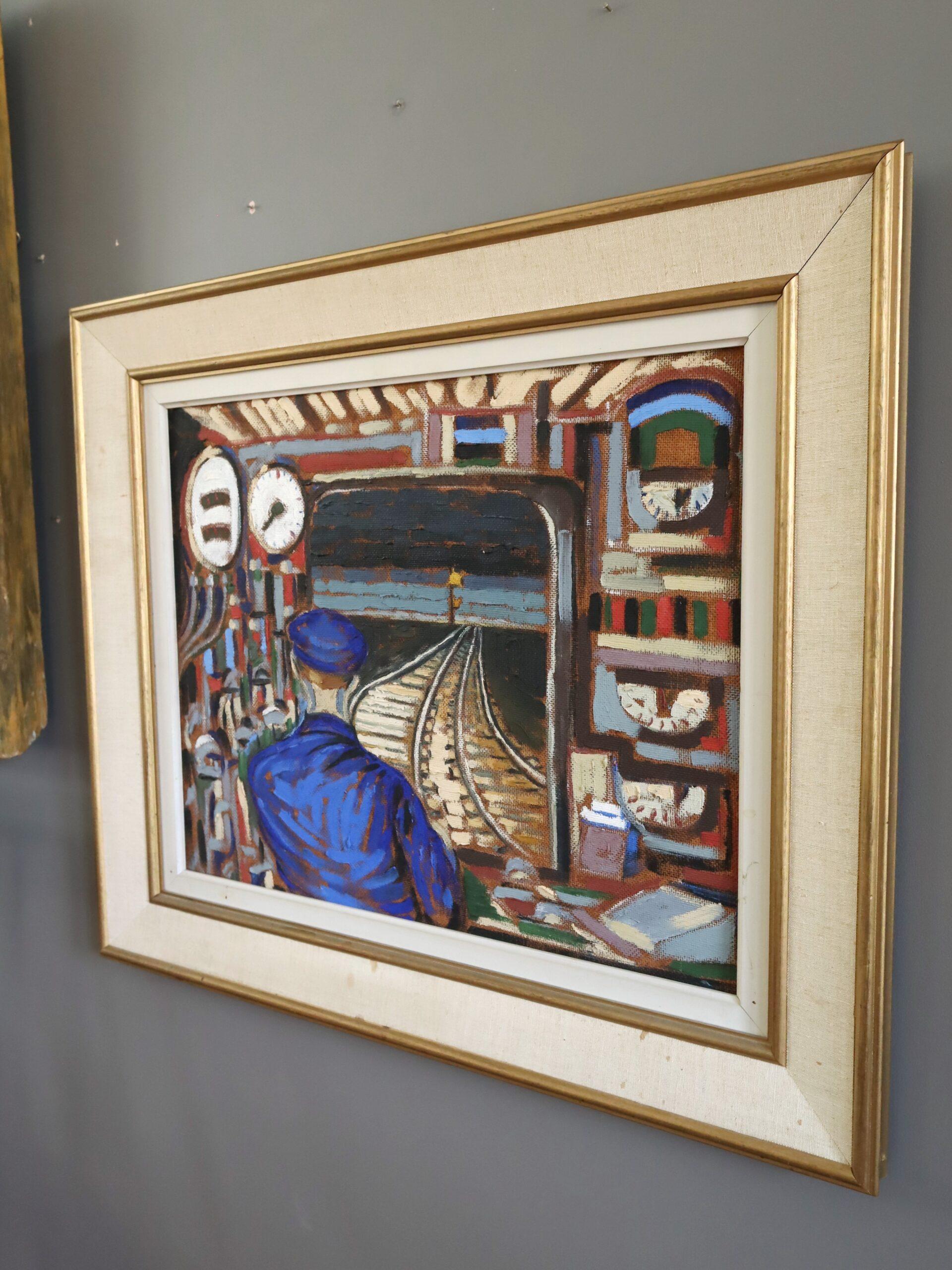 Mid Century Modern Vintage Schwedisch Ausdrucksstarkes Ölgemälde - Durch den Tunnel im Angebot 1