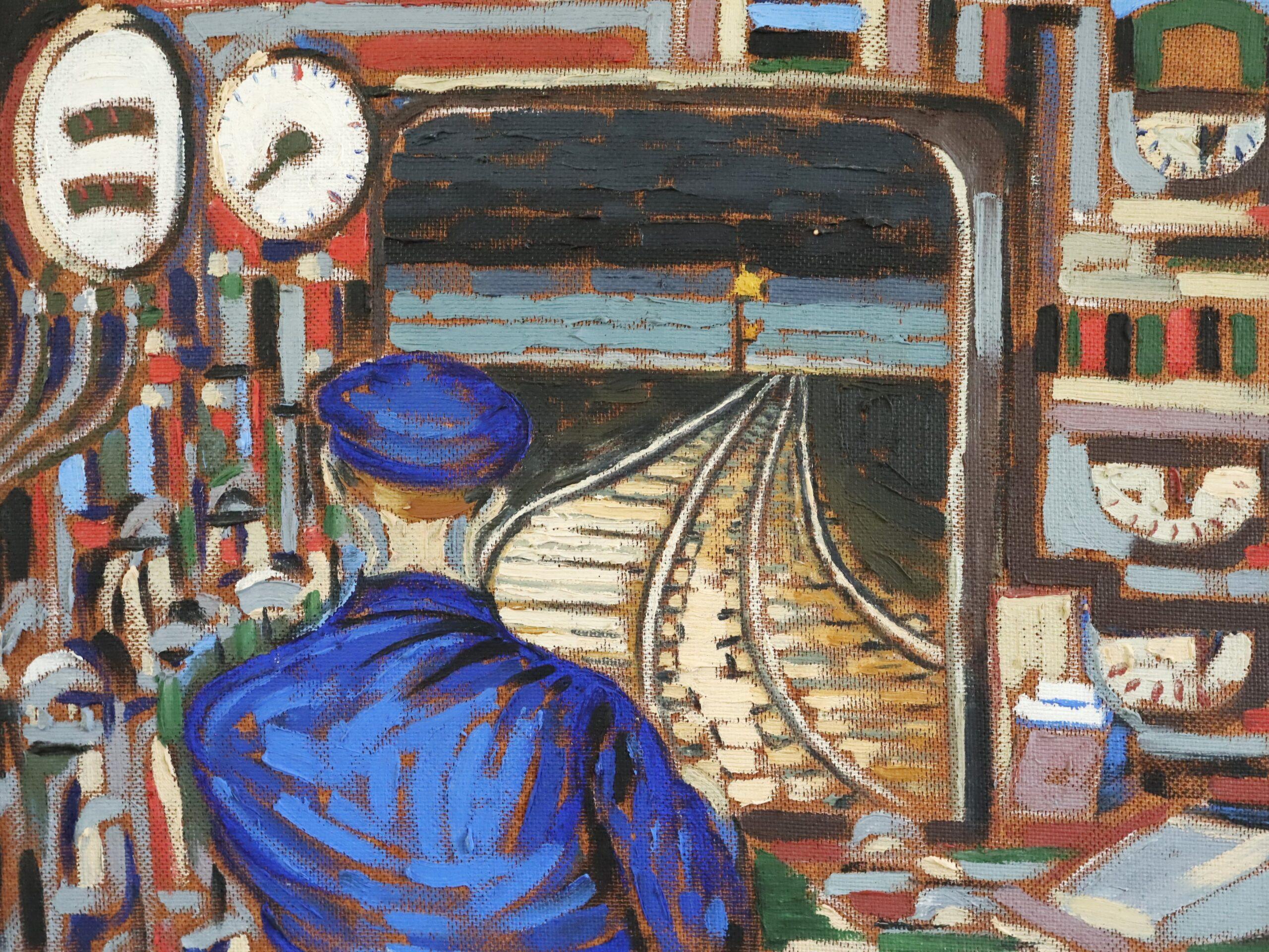 Mid Century Modern Vintage Schwedisch Ausdrucksstarkes Ölgemälde - Durch den Tunnel im Angebot 4