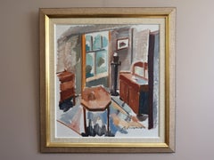 Mid-Century Modern Vintage Swedish Interior Oil Painting - Sunlit Parlour