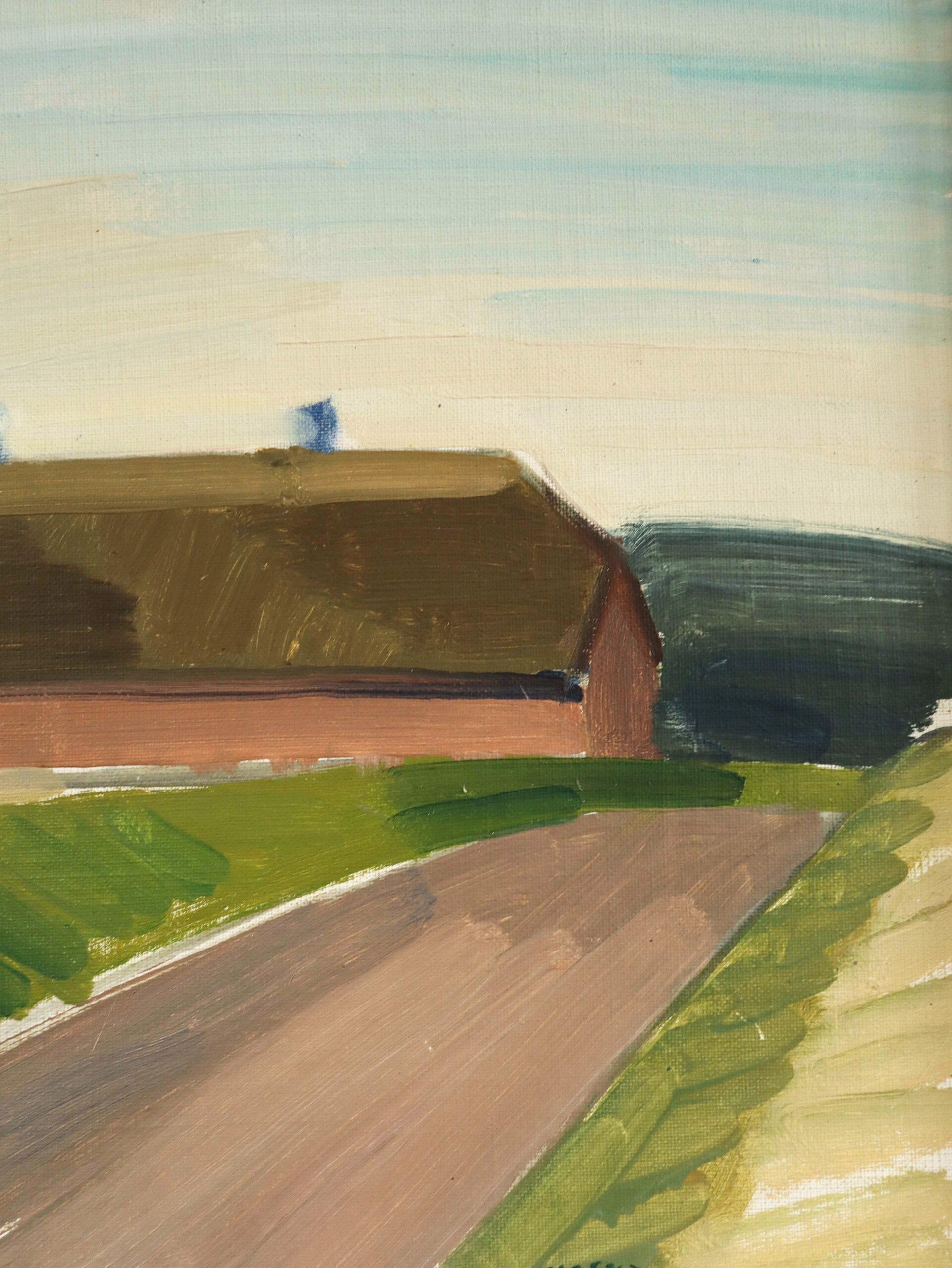 Mid Century Modern Vintage Swedish Landscape Oil Painting - Barn by Country Road For Sale 7
