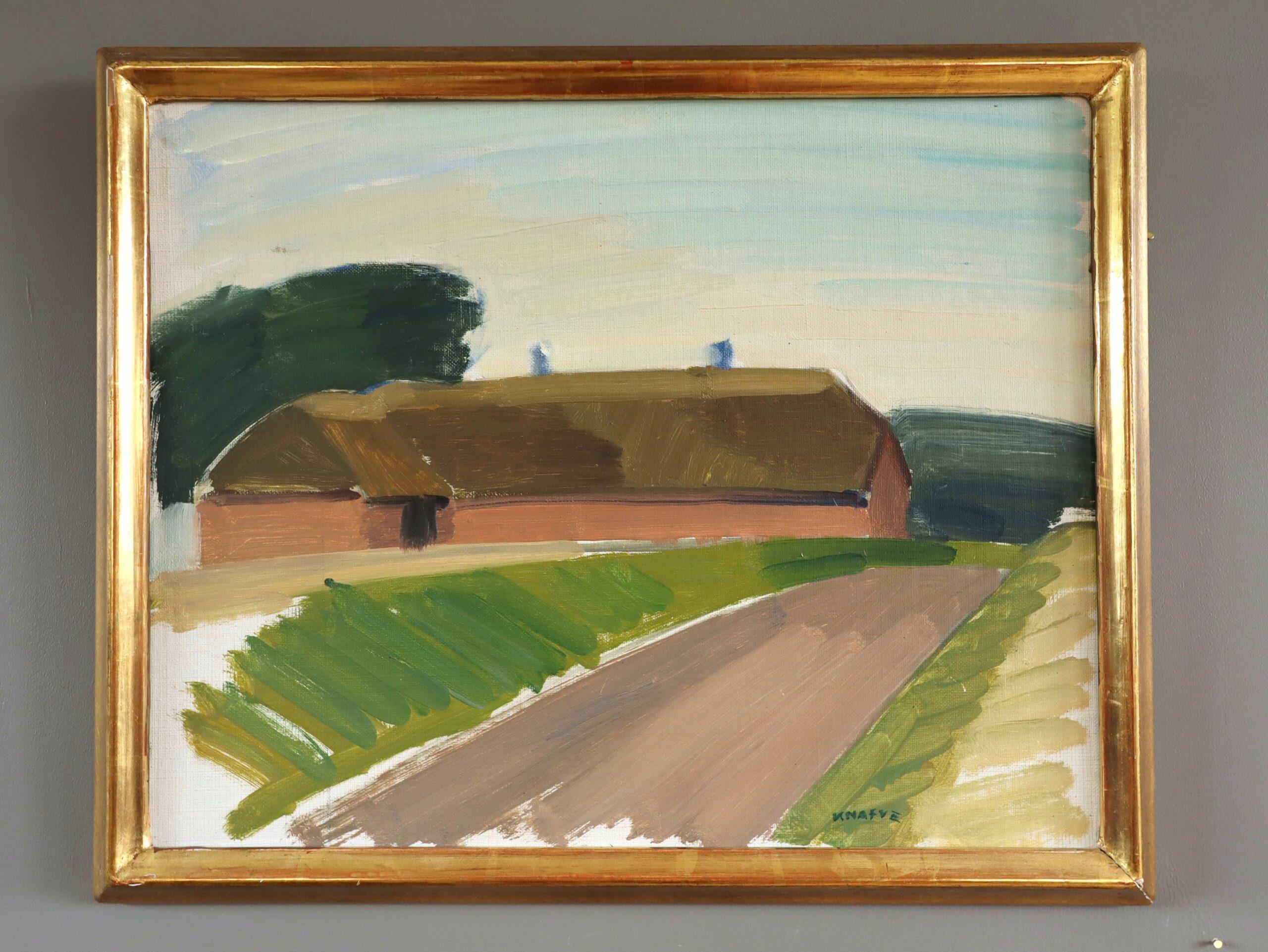 Mid Century Modern Vintage Swedish Landscape Oil Painting - Barn by Country Road - Brown Landscape Painting by Unknown
