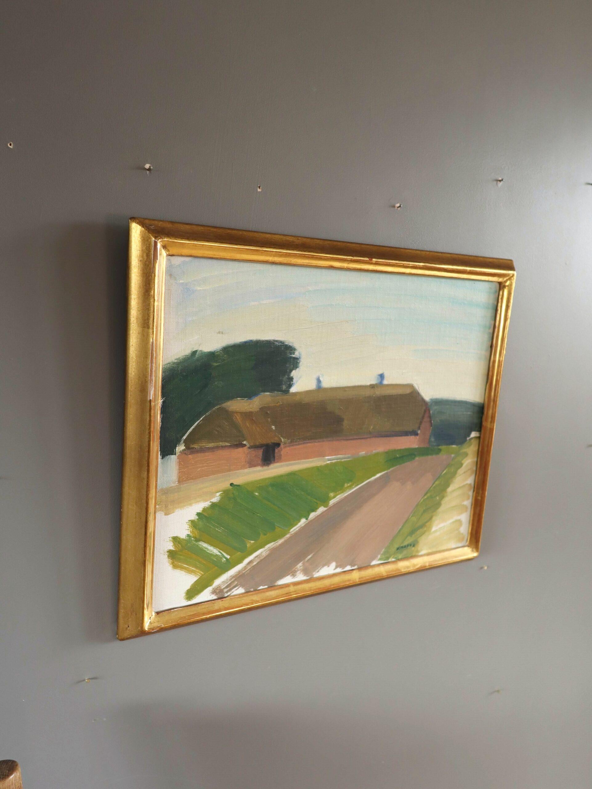 Mid Century Modern Vintage Swedish Landscape Oil Painting - Barn by Country Road For Sale 1