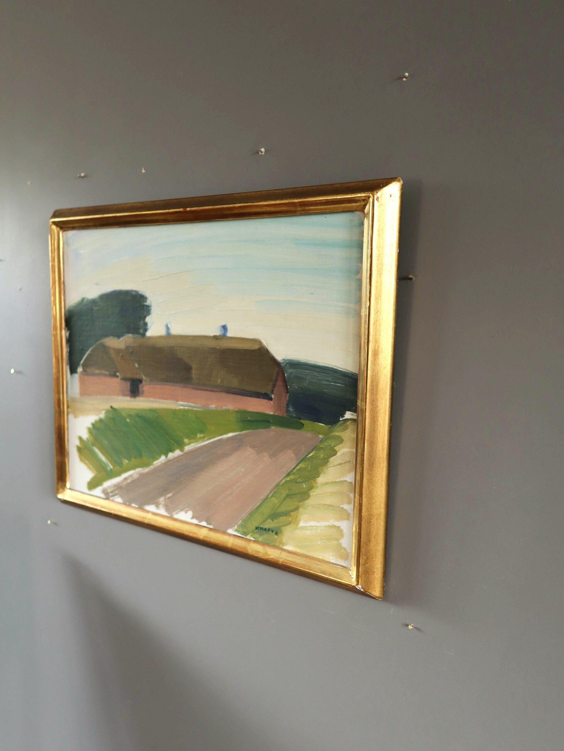 Mid Century Modern Vintage Swedish Landscape Oil Painting - Barn by Country Road For Sale 2