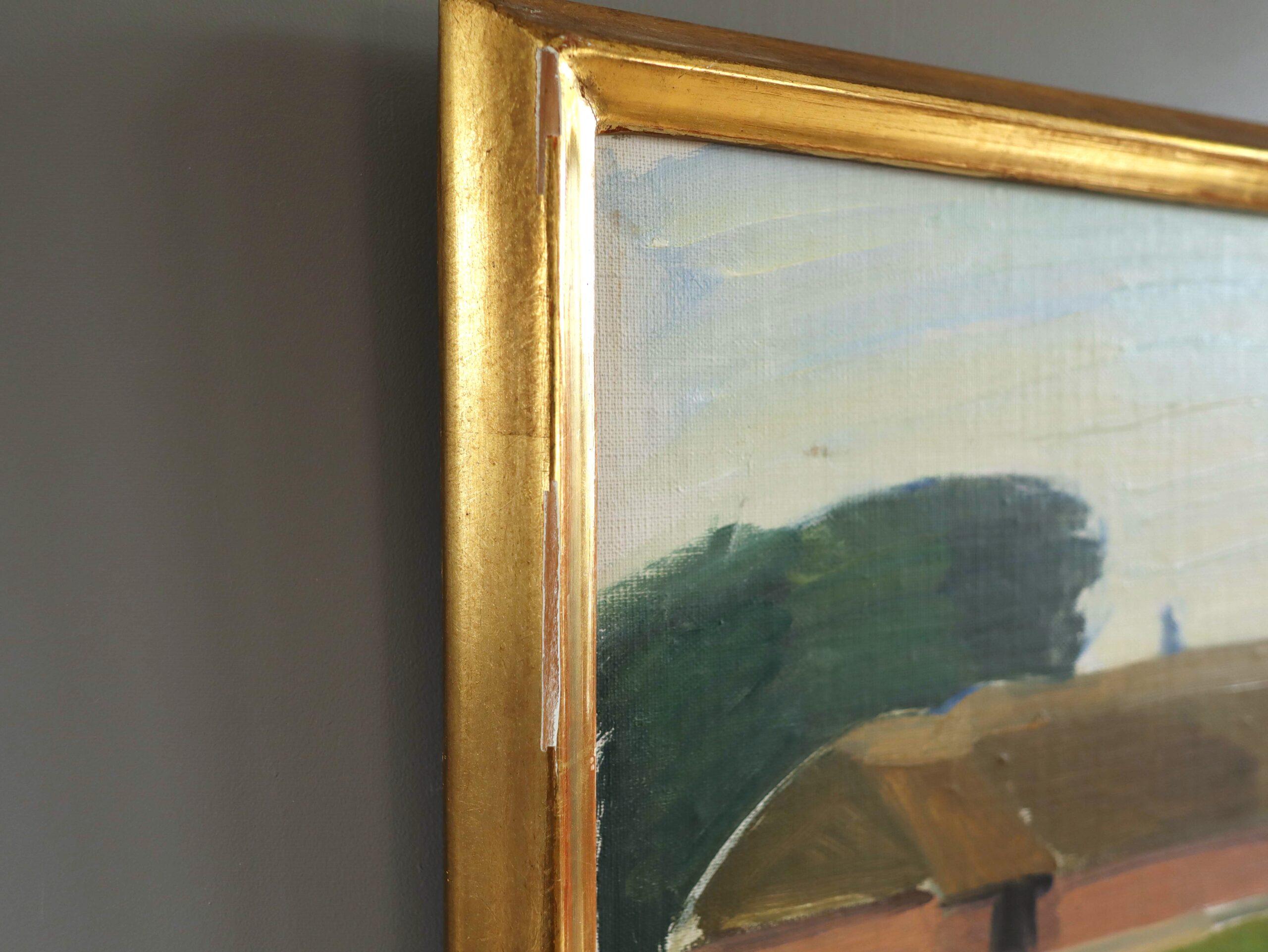 Mid Century Modern Vintage Swedish Landscape Oil Painting - Barn by Country Road For Sale 3