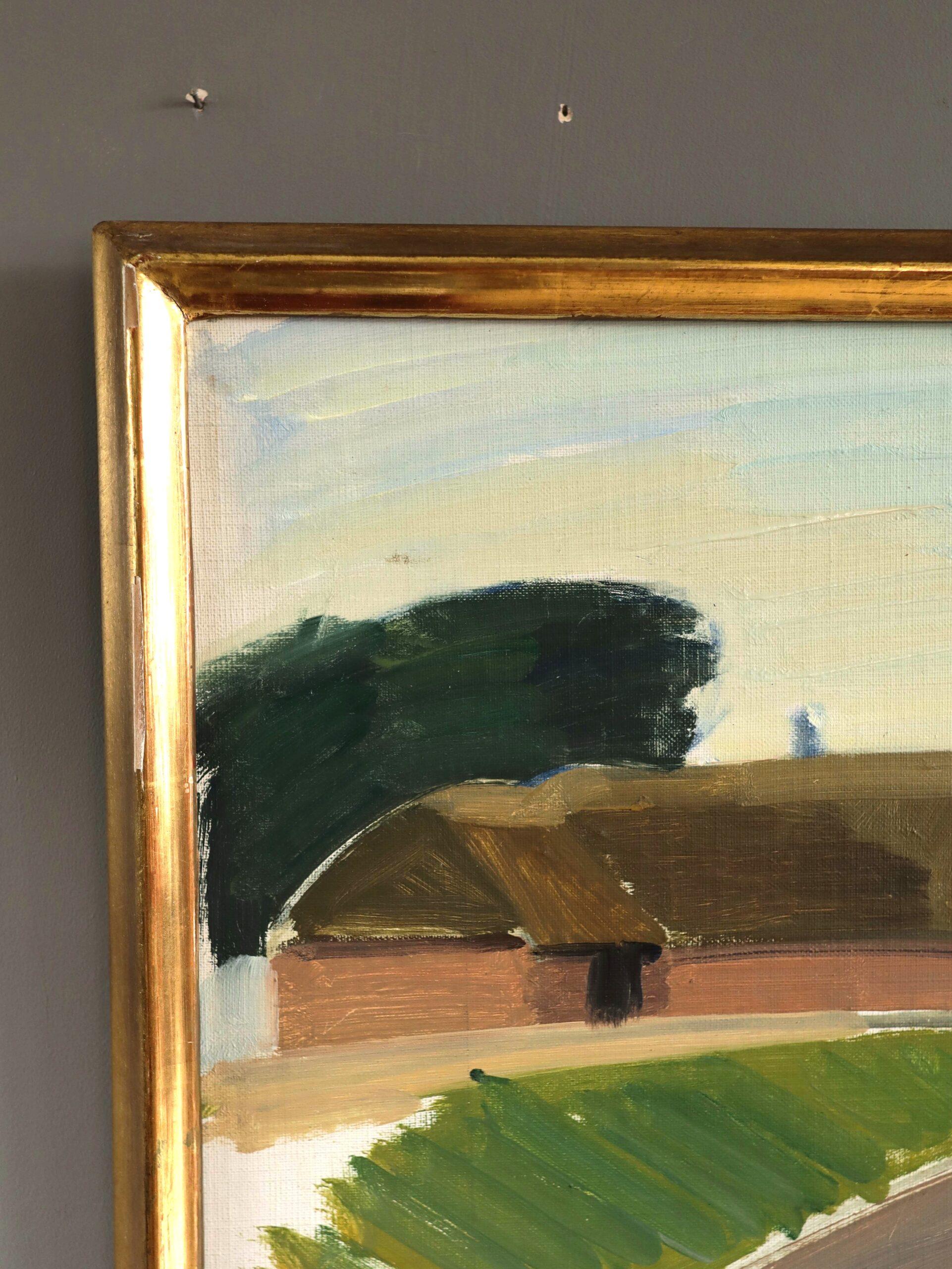 Mid Century Modern Vintage Swedish Landscape Oil Painting - Barn by Country Road For Sale 4
