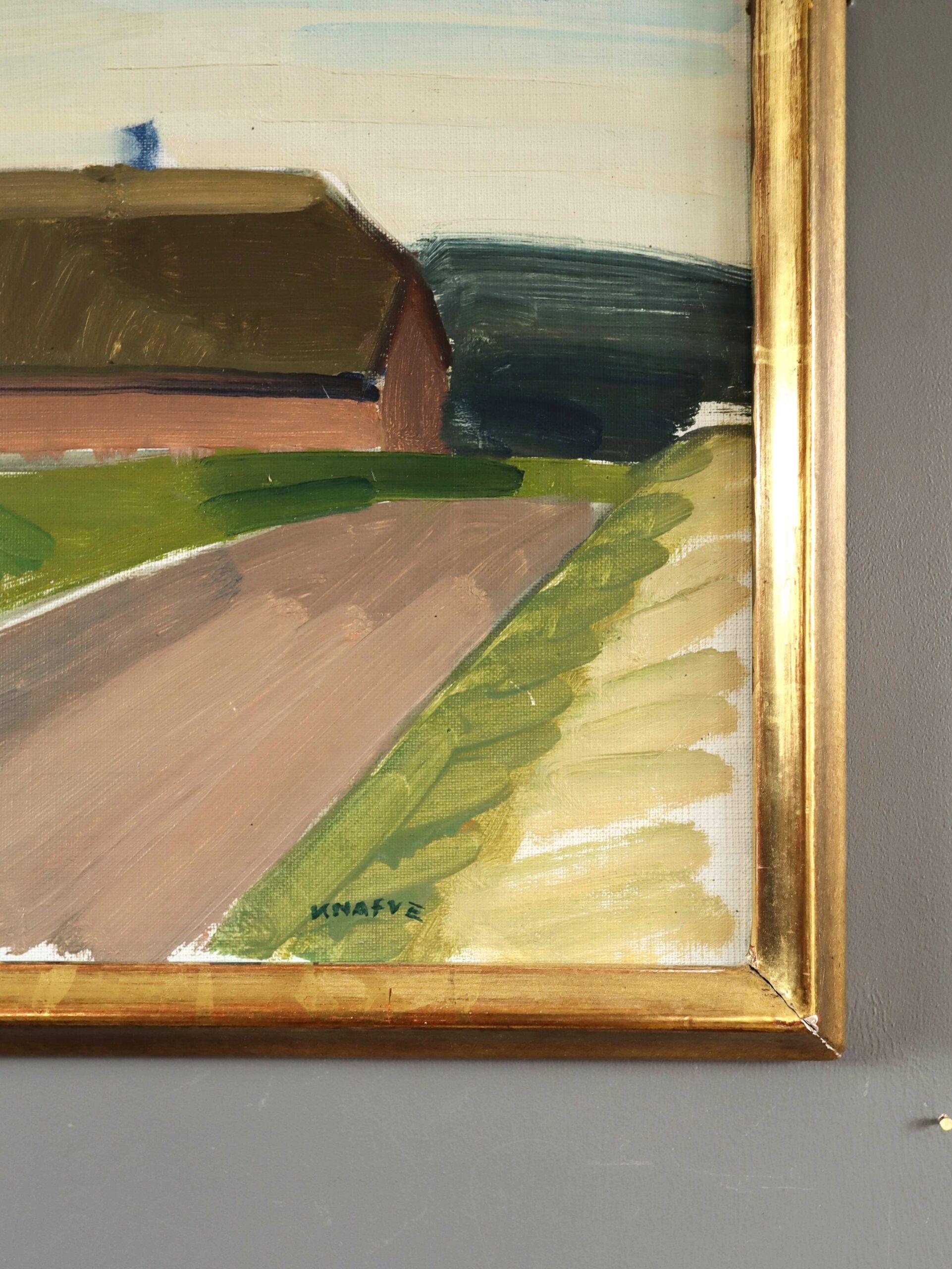 Mid Century Modern Vintage Swedish Landscape Oil Painting - Barn by Country Road For Sale 5