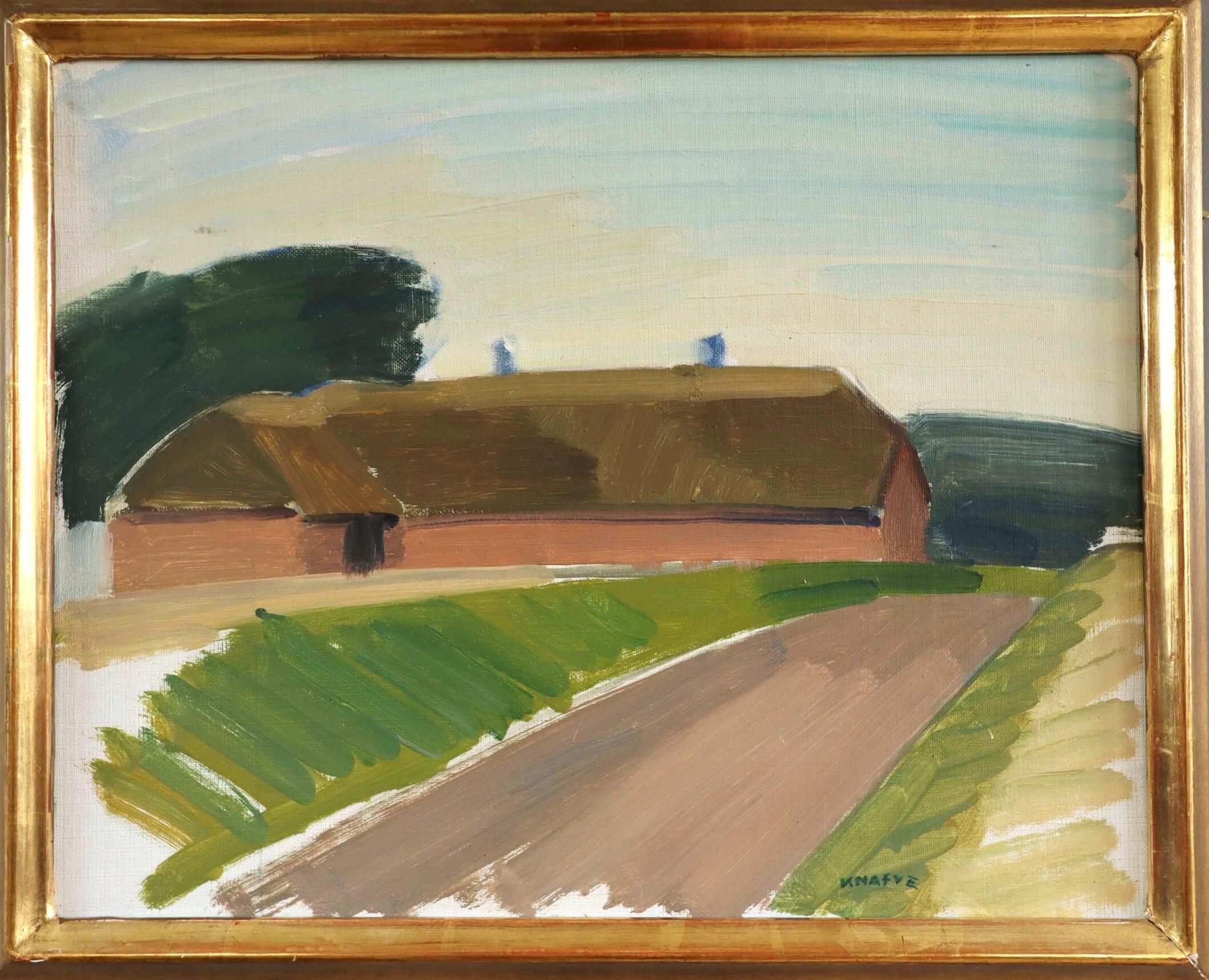 Unknown Landscape Painting - Mid Century Modern Vintage Swedish Landscape Oil Painting - Barn by Country Road