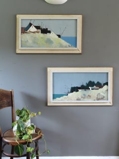 Mid Century Modern Vintage Swedish Landscape Oil Painting - Cliffside Houses