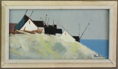 Mid Century Modern Vintage Swedish Landscape Oil Painting - Cliffside Houses