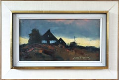 Dipinto a olio vintage svedese in stile Mid-Century Modern raffigurante un paesaggio - Luce che svanisce