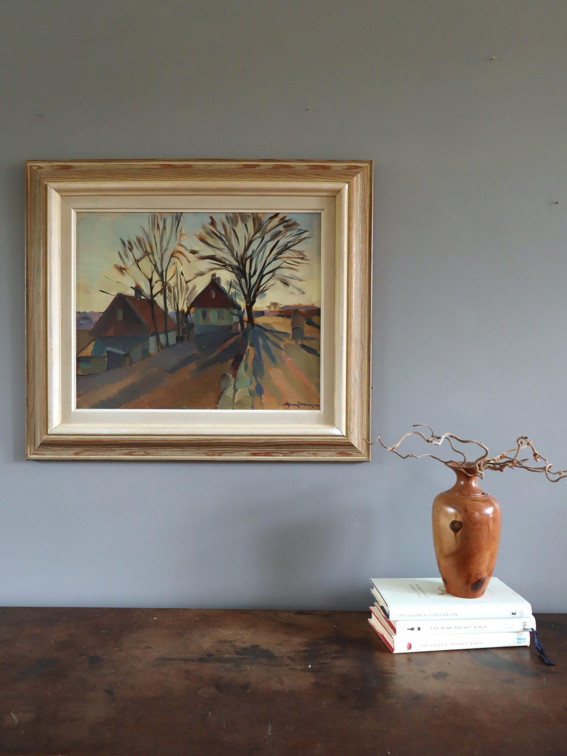 Mid Century Modern Vintage Schwedische Landschaft Ölgemälde - The Quiet Road Home (Moderne), Painting, von Unknown