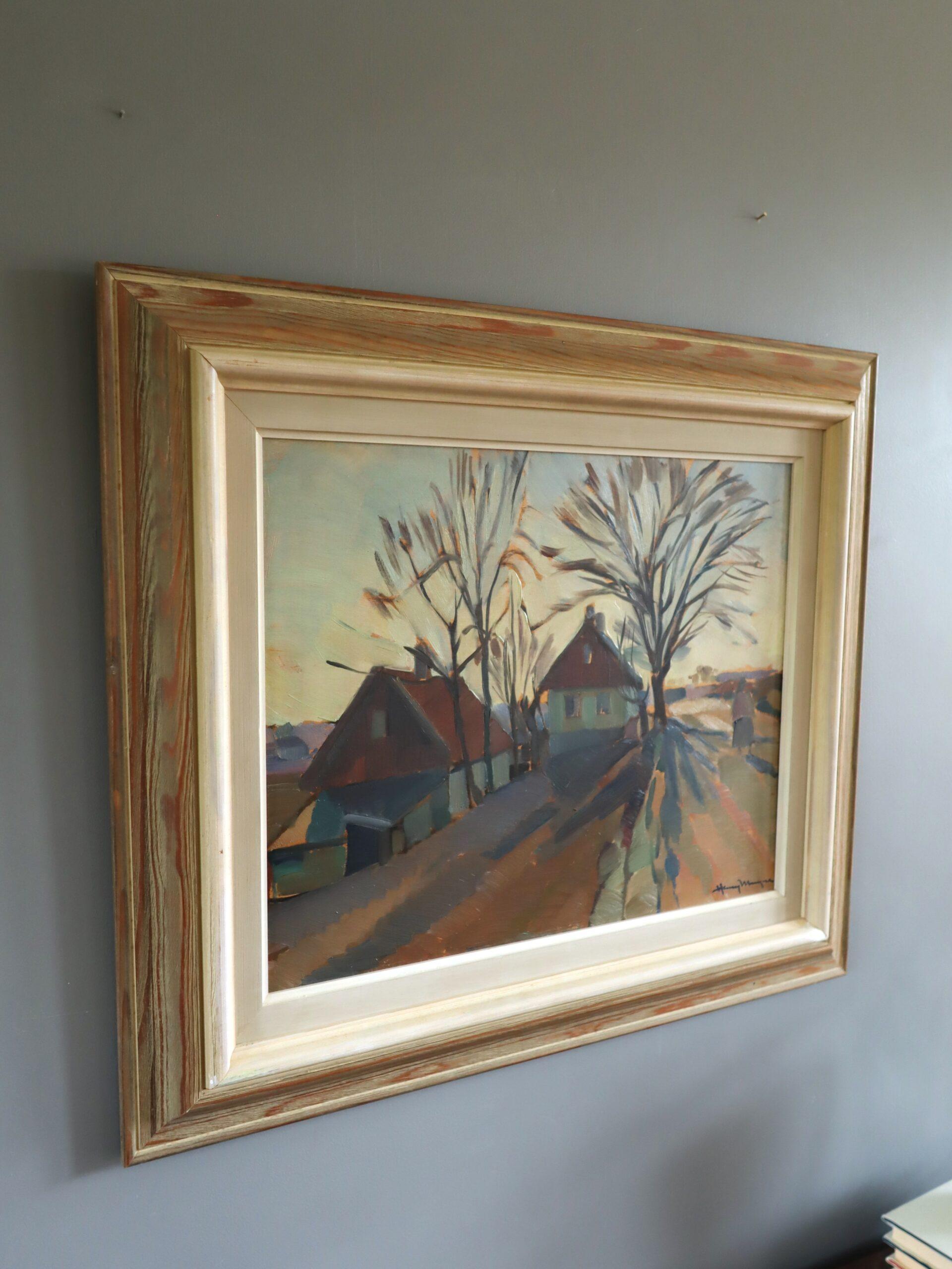 Mid Century Modern Vintage Schwedische Landschaft Ölgemälde - The Quiet Road Home (Braun), Landscape Painting, von Unknown