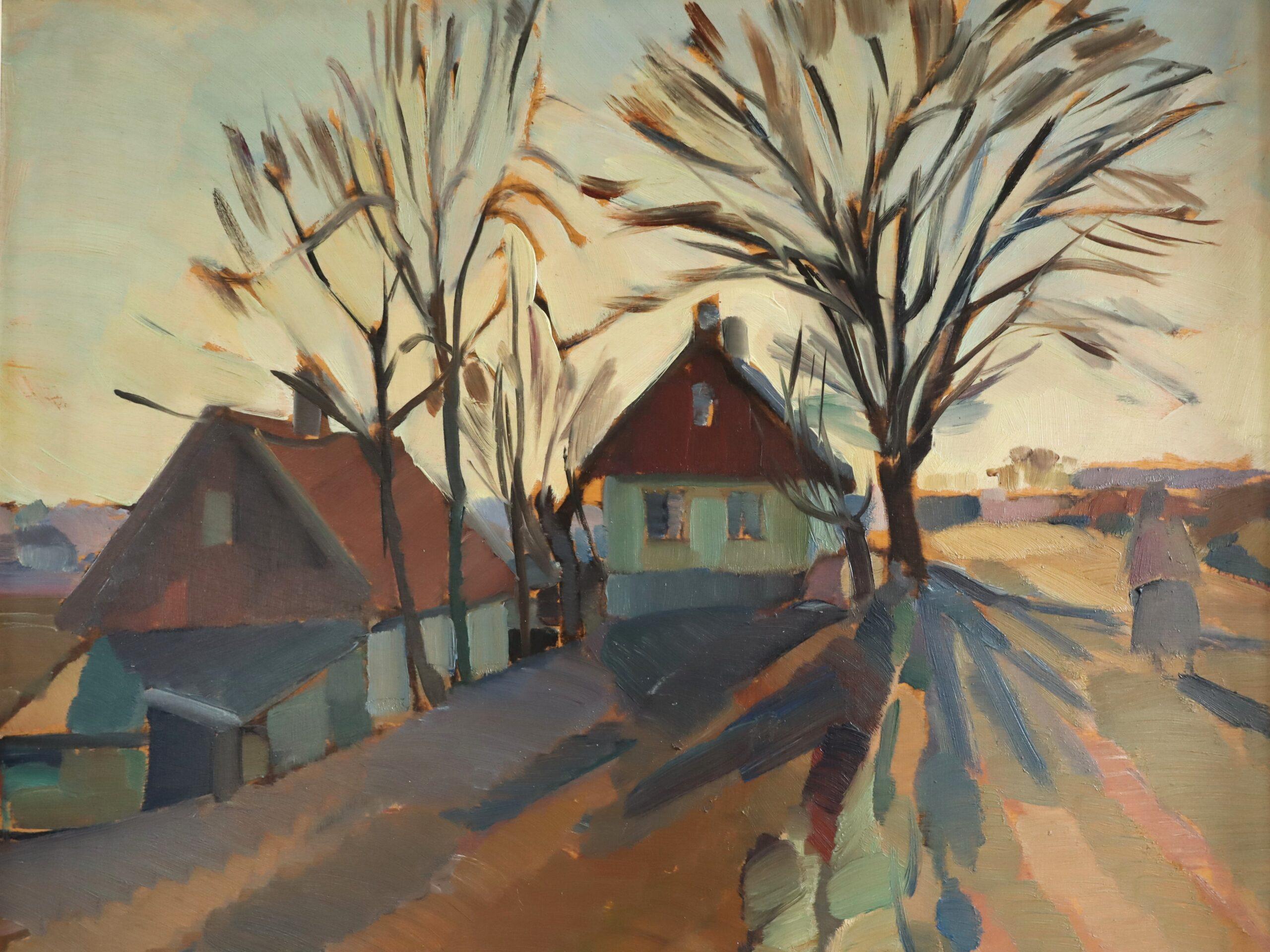 Mid Century Modern Vintage Schwedische Landschaft Ölgemälde - The Quiet Road Home im Angebot 3