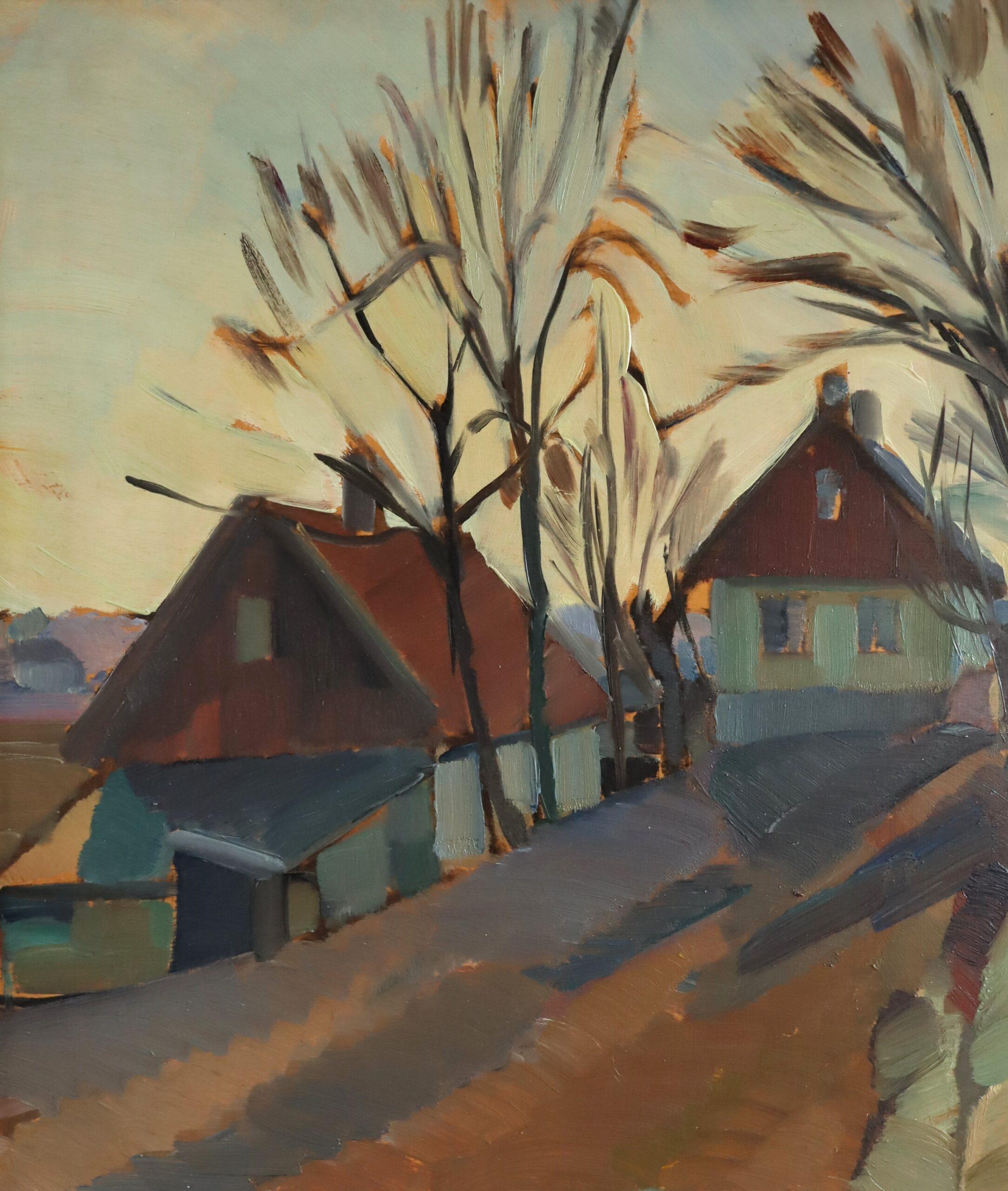 Mid Century Modern Vintage Schwedische Landschaft Ölgemälde - The Quiet Road Home im Angebot 4