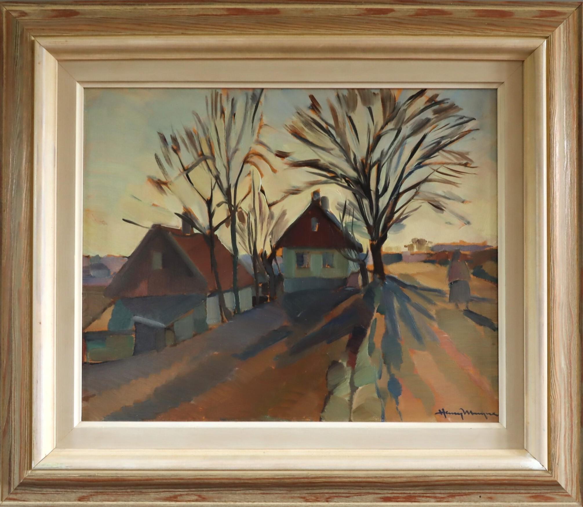 Mid Century Modern Vintage Swedish Landscape Oil Painting - The Quiet Road Home (Le chemin tranquille vers la maison)