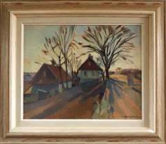 Mid Century Modern Vintage Swedish Landscape Oil Painting - The Quiet Road Home